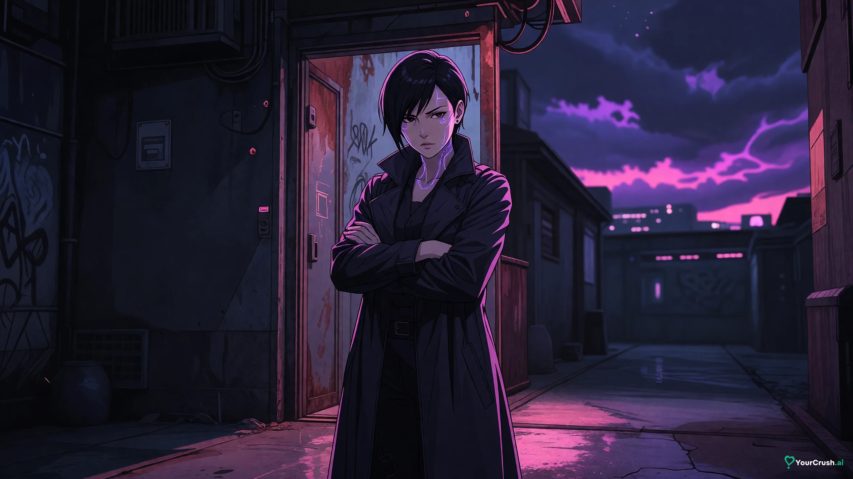 Kiwi from Cyberpunk Edgerunners waiting in a dim Night City corridor