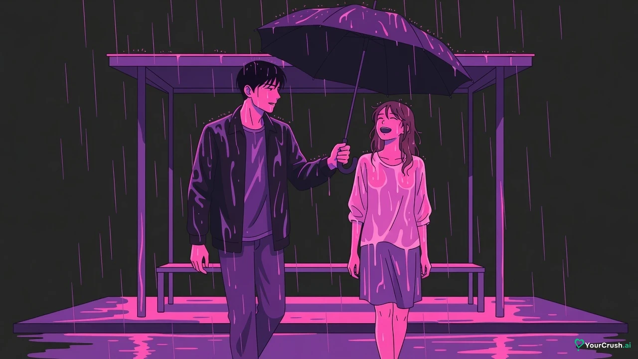 A man holds an umbrella over a soaked friend on a rainy bus shelter at night, facing the storm
