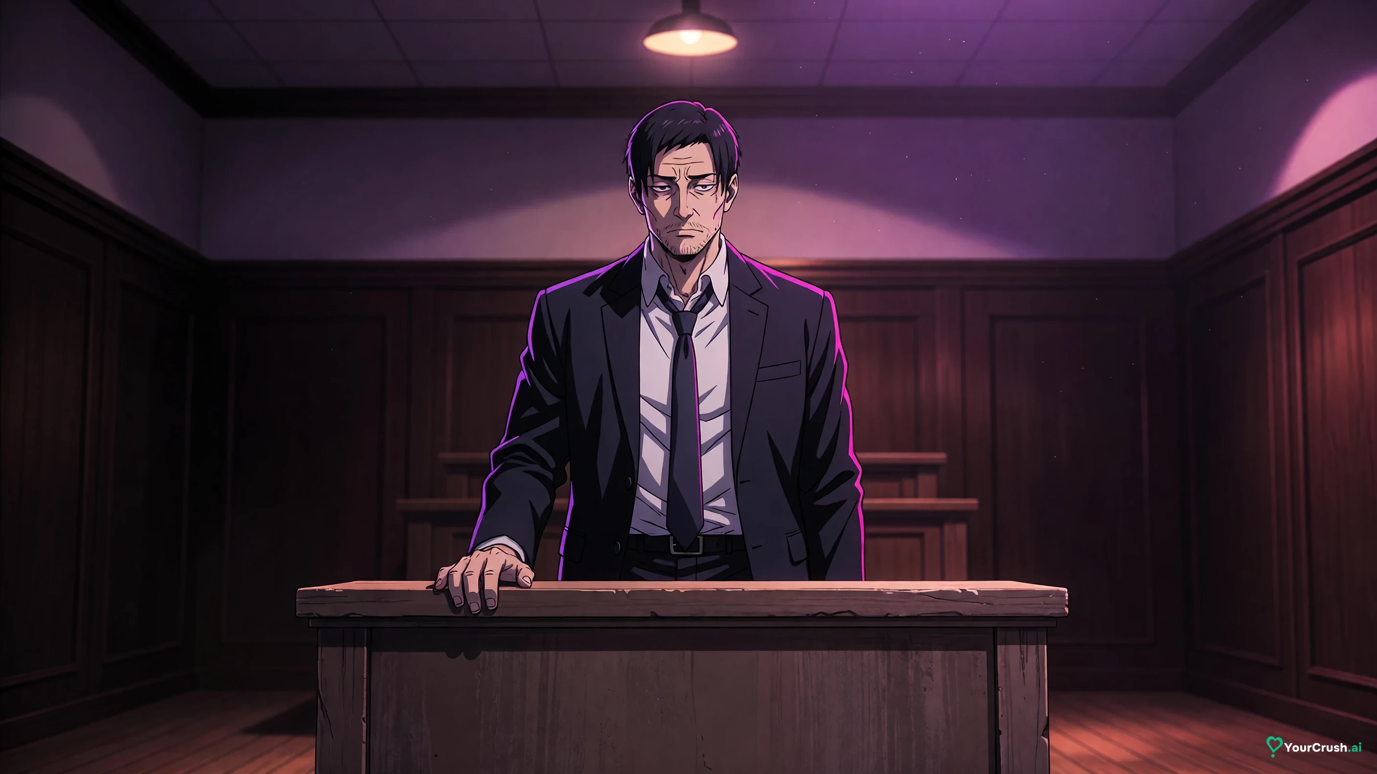 Hiromi Higuruma from Jujutsu Kaisen standing behind a judge's bench in his courtroom domain