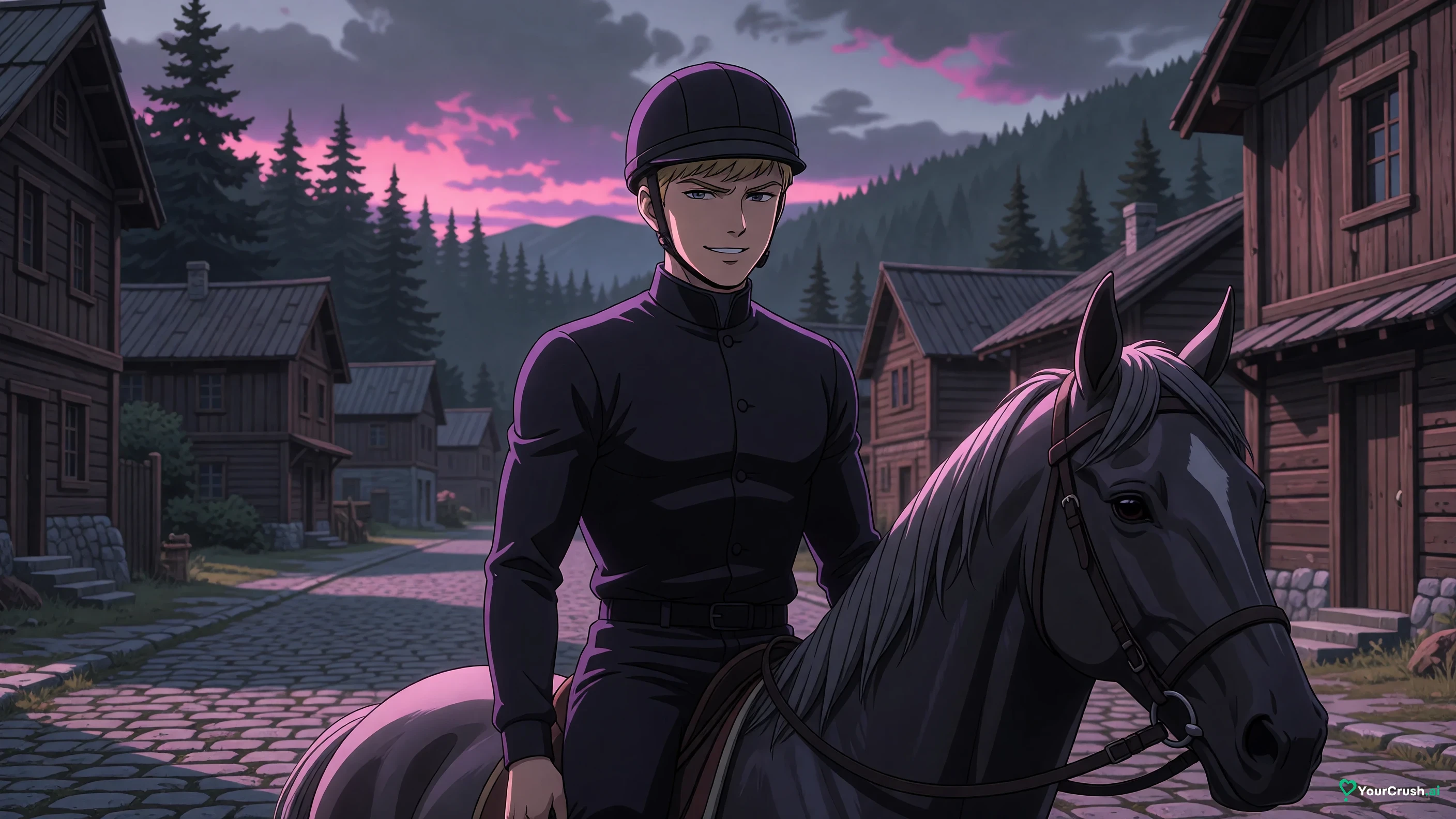 Diego Brando with reptilian eyes standing beside Silver Bullet in a mountain village