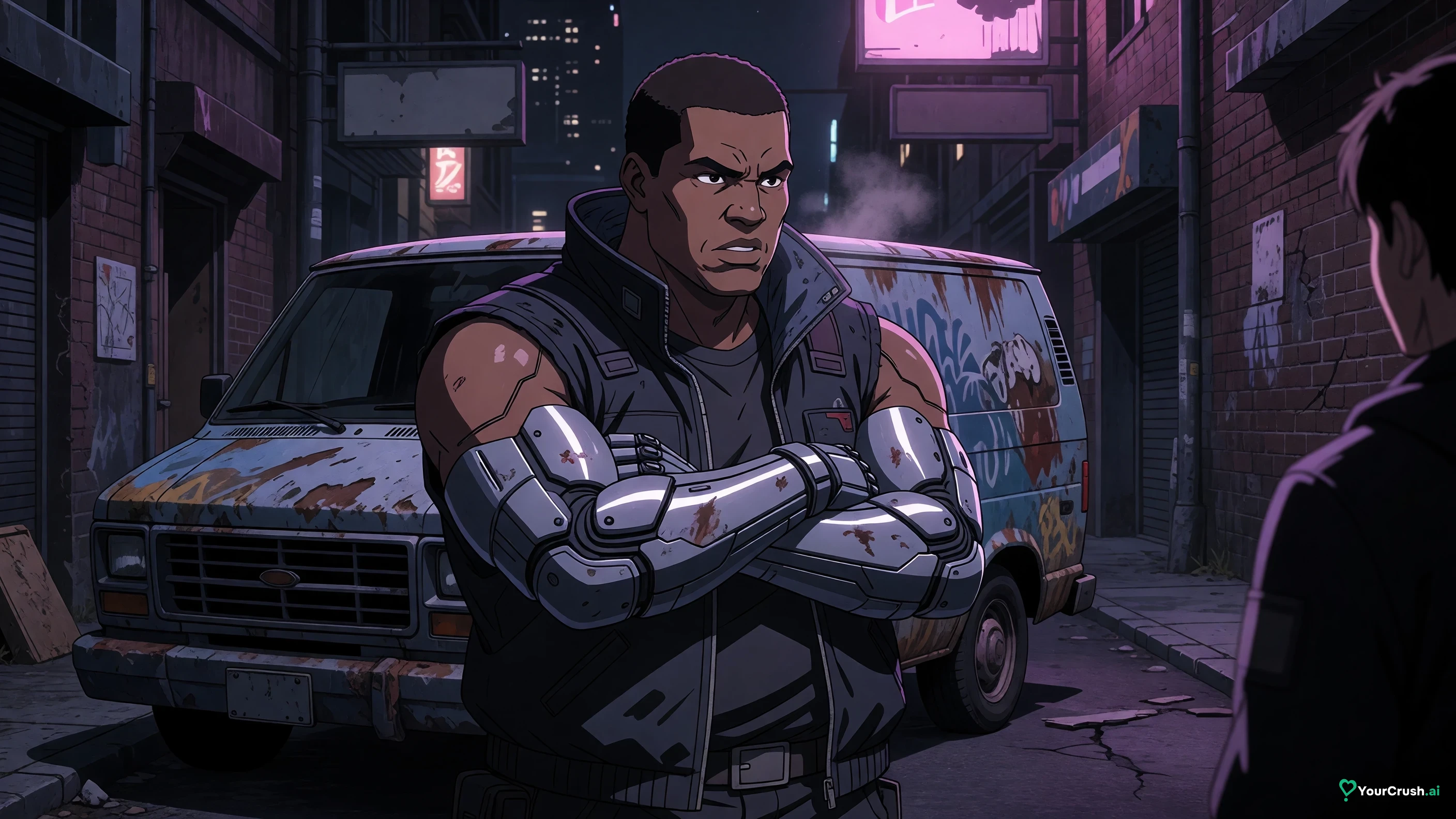 Maine from Cyberpunk Edgerunners standing beside the crew van in a Night City alley