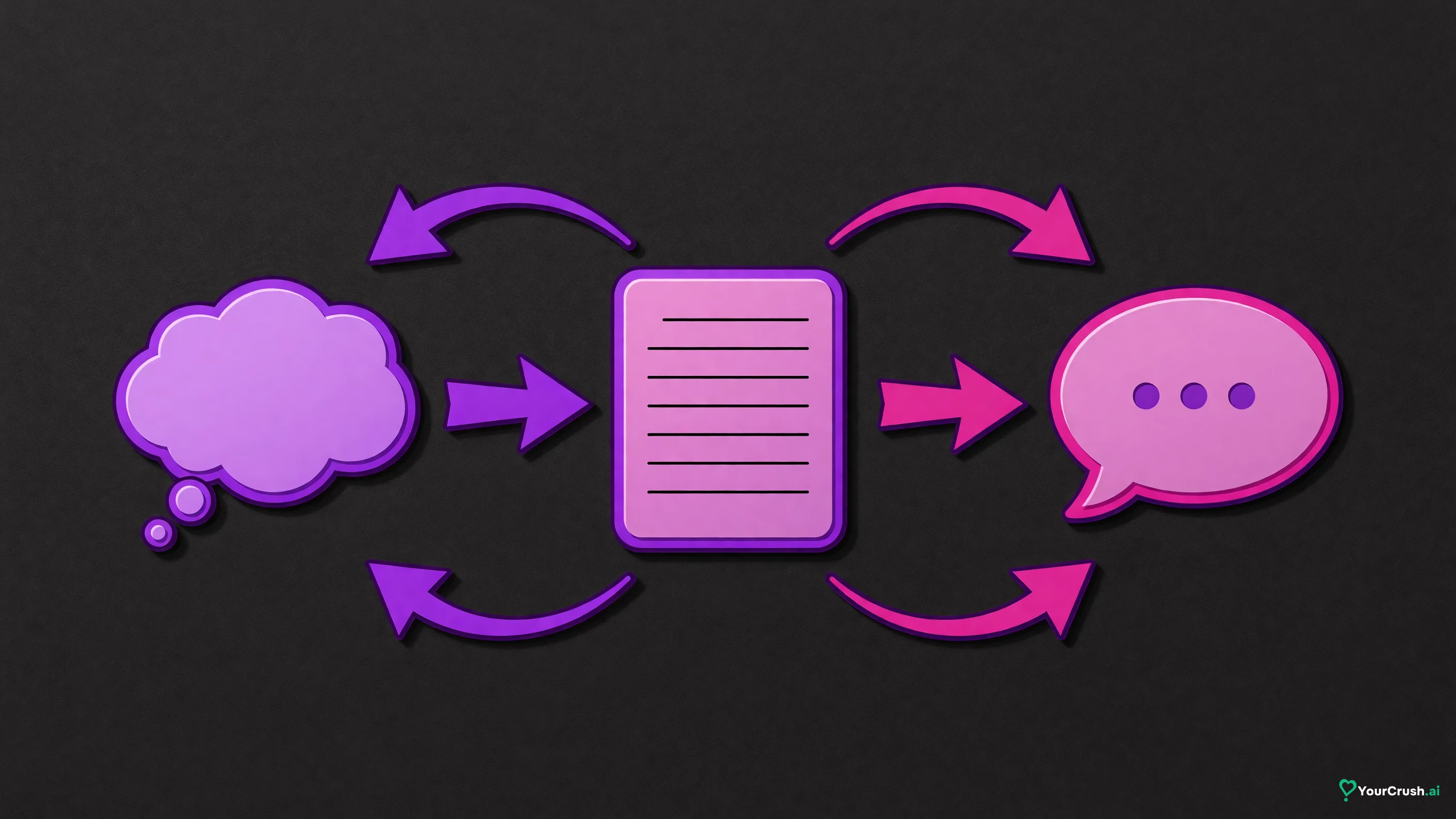 Three tiles left to right: a thought bubble, a filled character sheet, a speech bubble with a reply