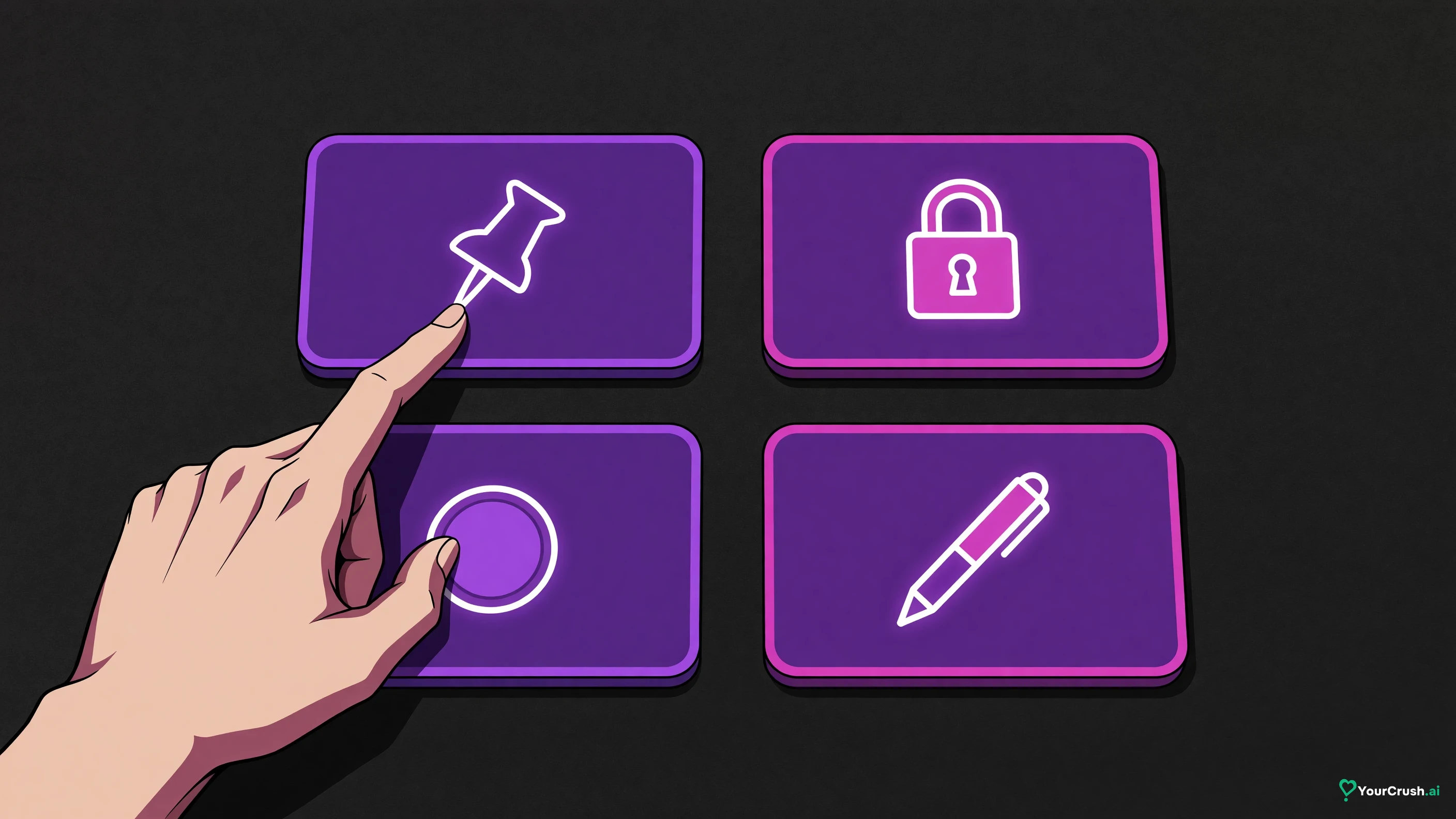 Four tiles: a push pin, a padlock, a coin, a pen