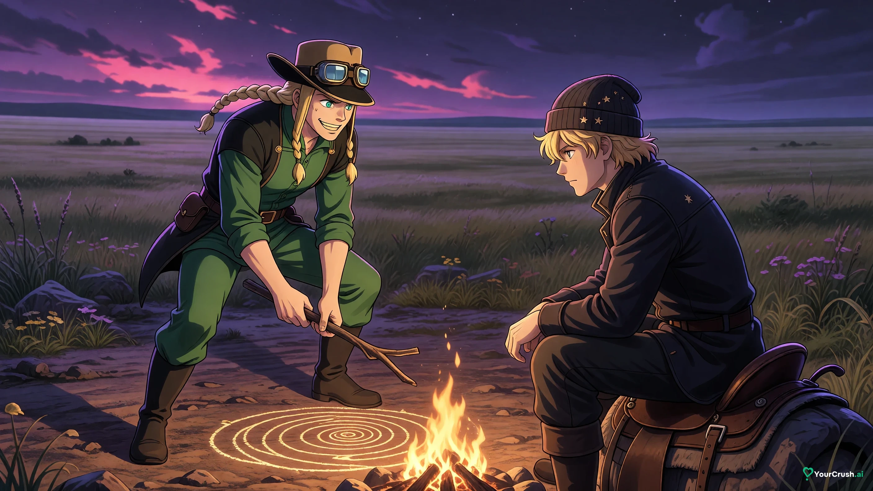Gyro Zeppeli drawing a golden spiral in the dirt for Johnny Joestar by a campfire