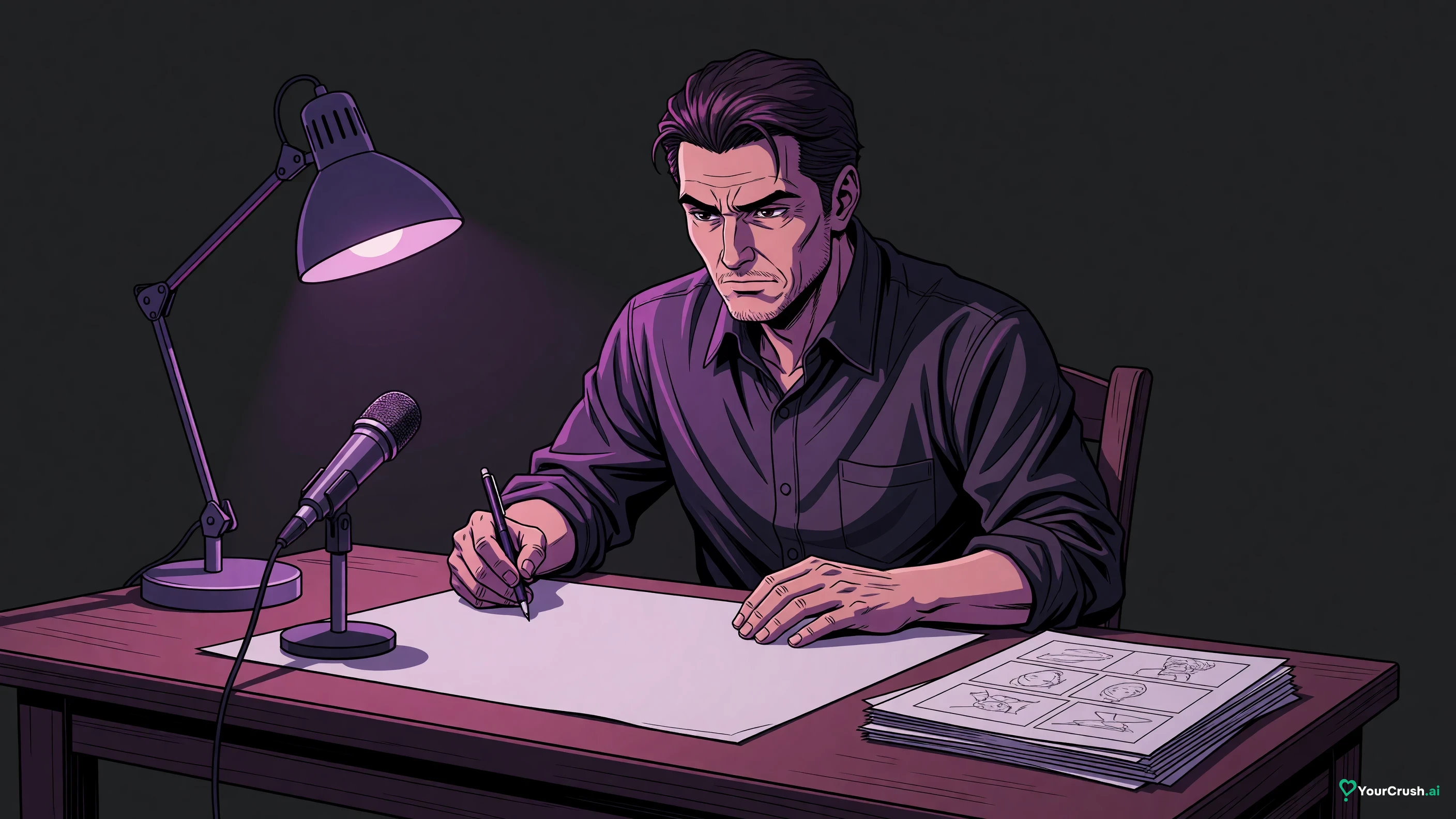 Anime director at a drawing desk with a character design sheet, a microphone and a stack of storyboards