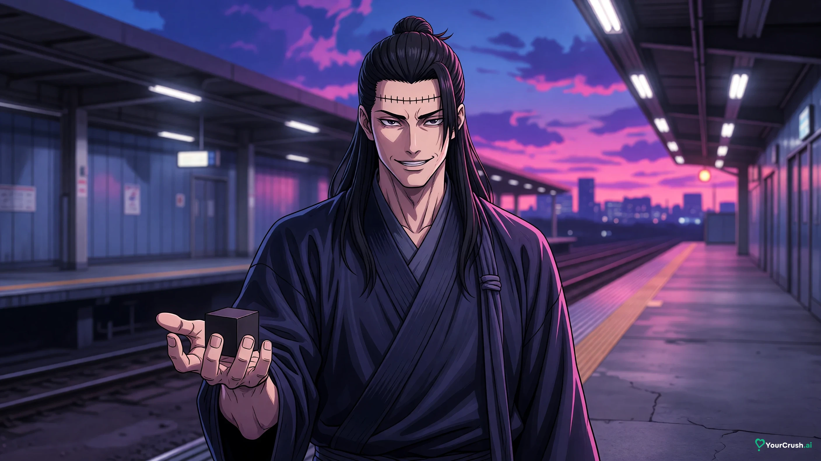 Kenjaku in Suguru Geto's body holding the Prison Realm on a Shibuya platform
