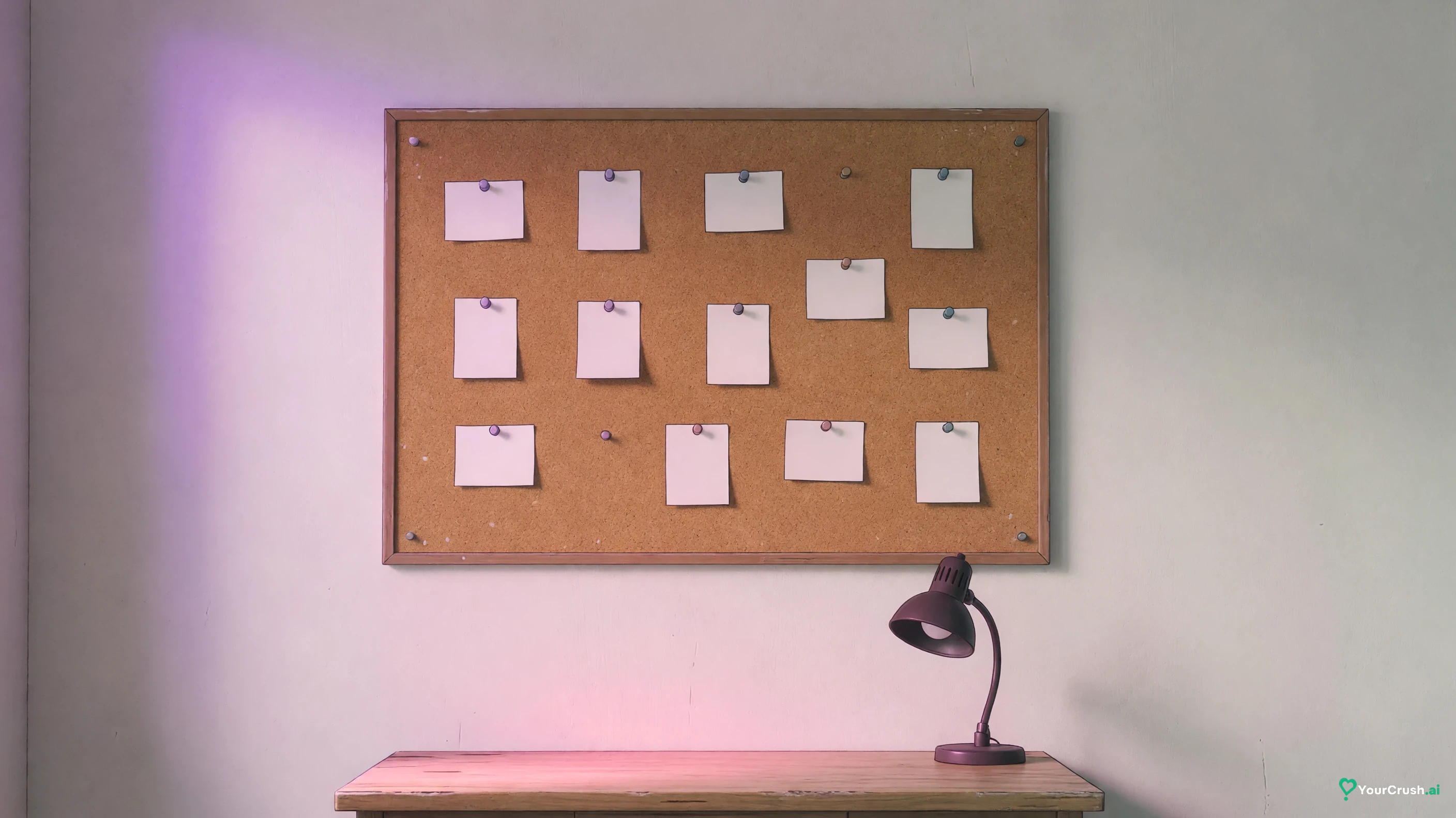 A corkboard of blank pinned cards in violet light
