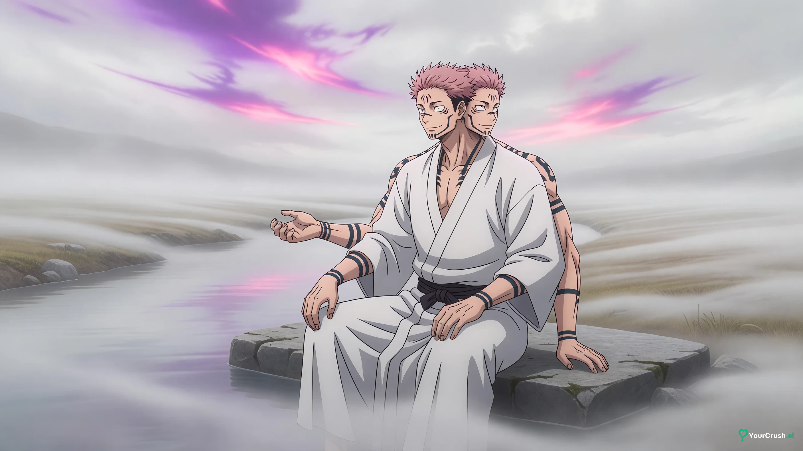 Ryomen Sukuna from Jujutsu Kaisen in his true form sitting by a still grey river in the afterlife