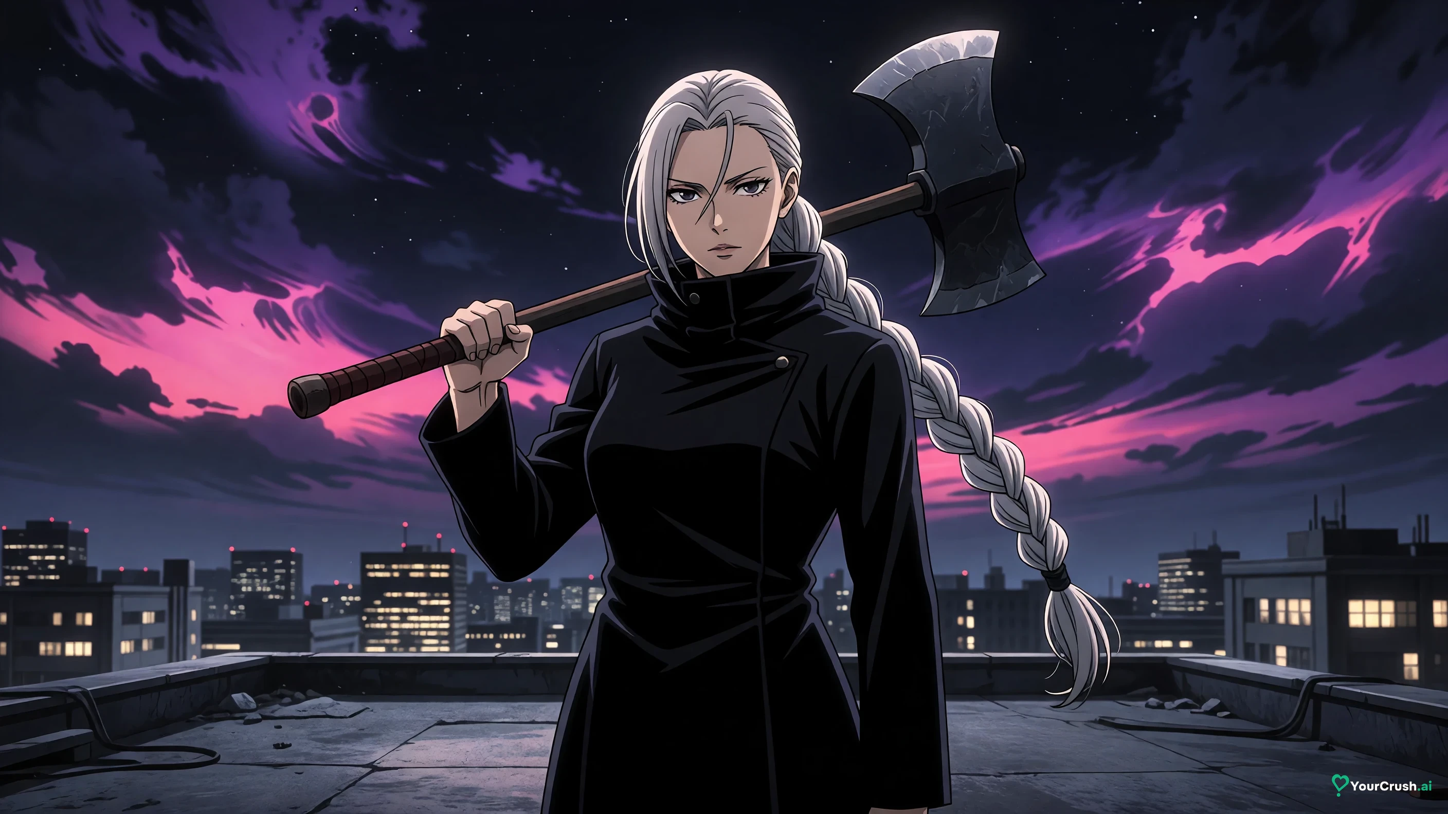 Mei Mei from Jujutsu Kaisen standing on a rooftop at night with an axe on her shoulder