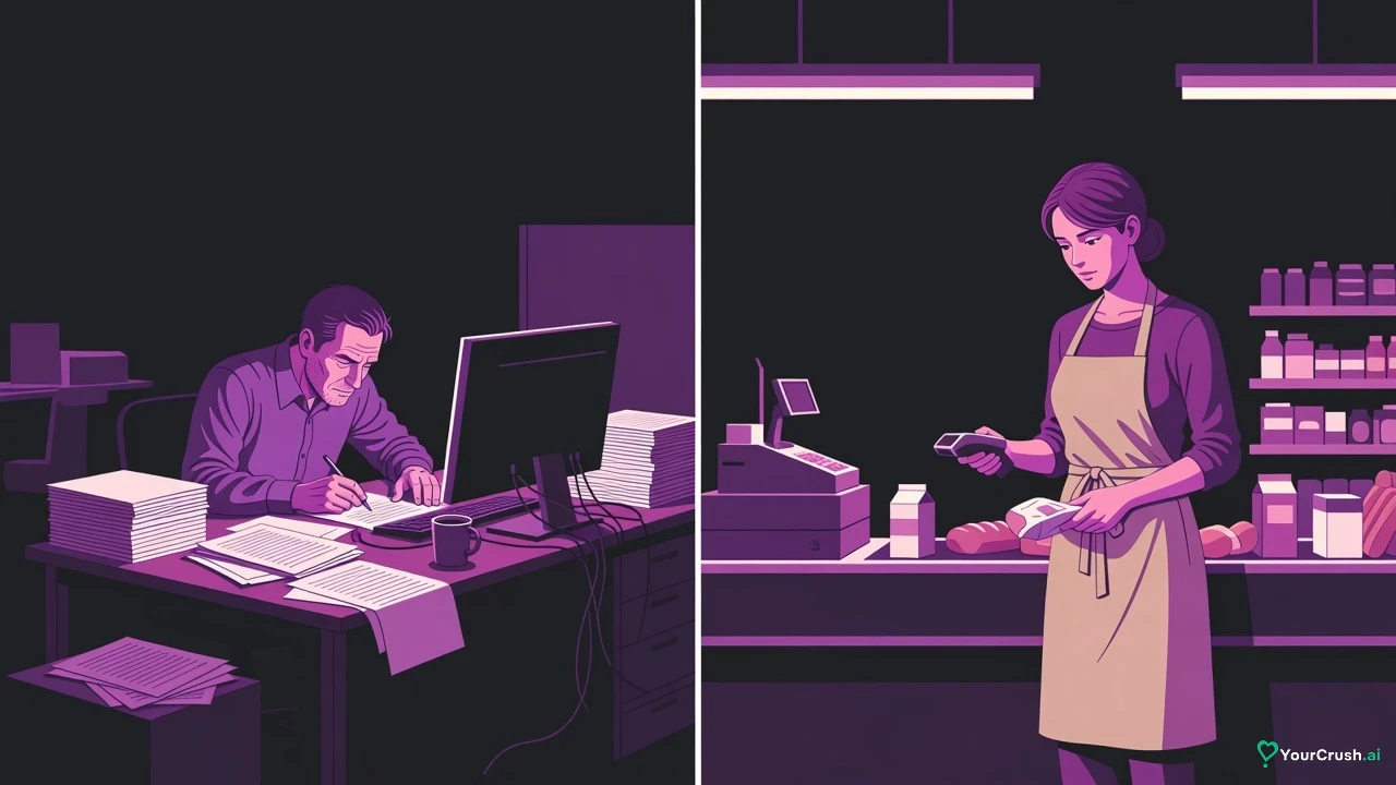 Two panels: a weary man working late at an office desk, and a young woman serving at a supermarket checkout