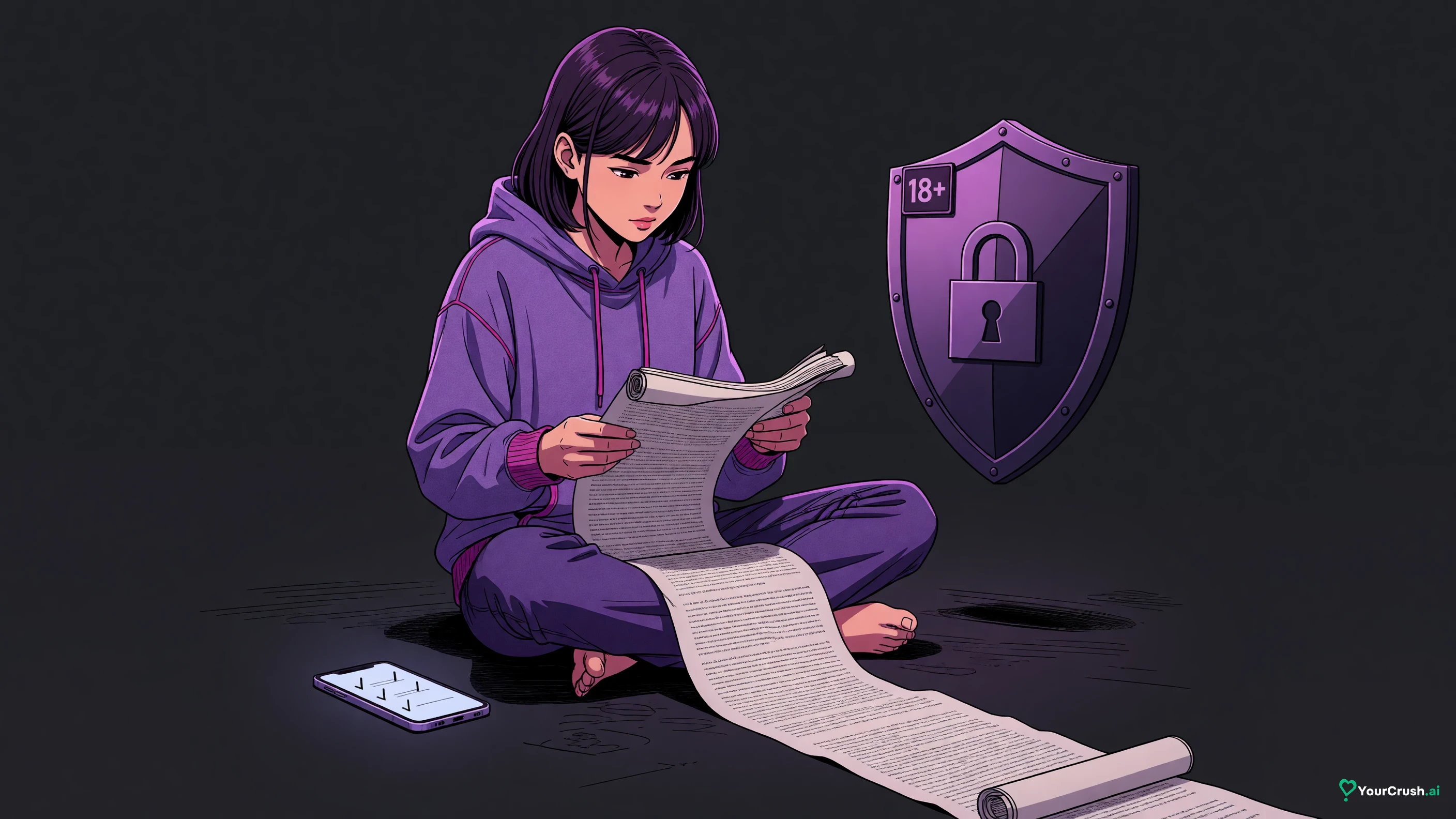 Anime character reading a long scroll of terms of use beside a shield with a padlock and an 18+ badge