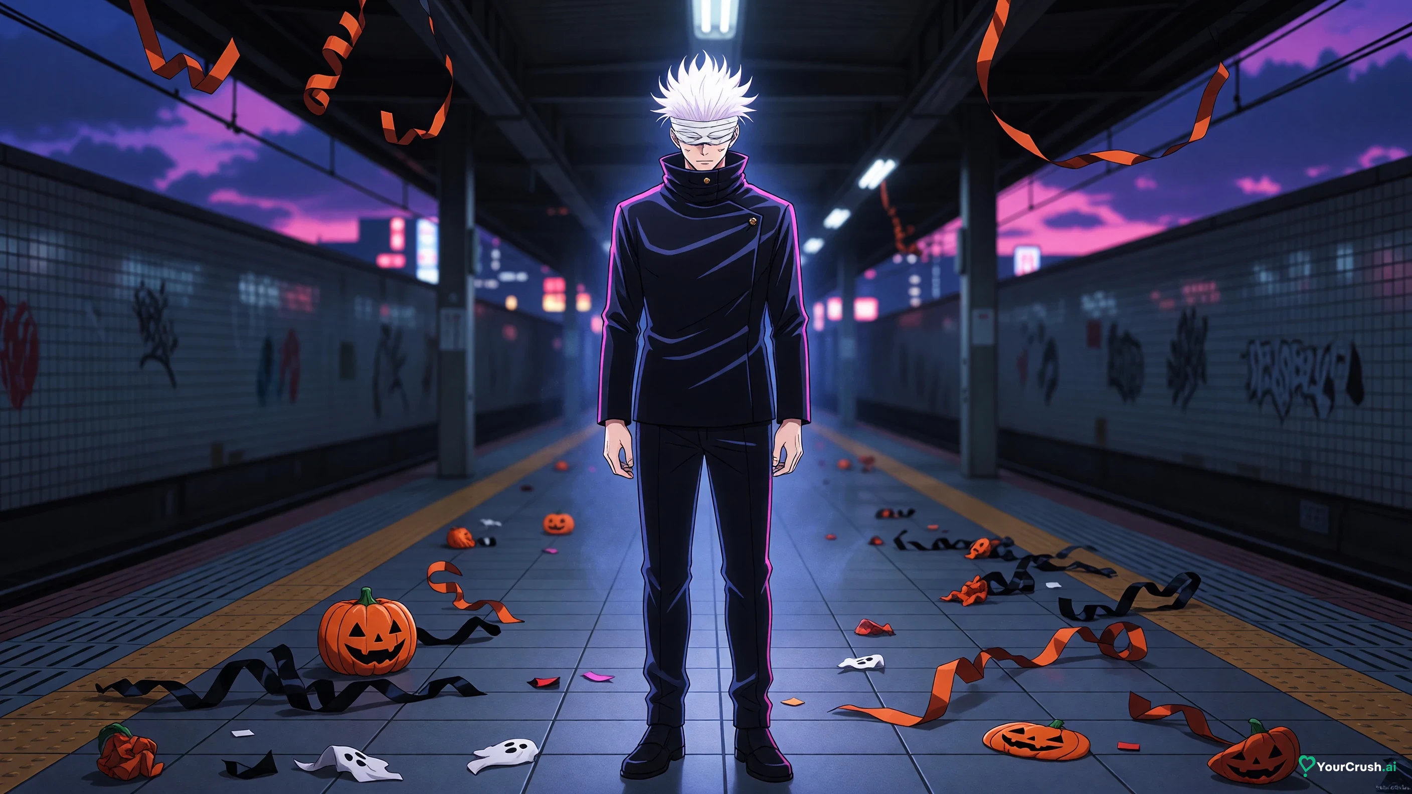 Satoru Gojo standing still on a Shibuya subway platform on Halloween night