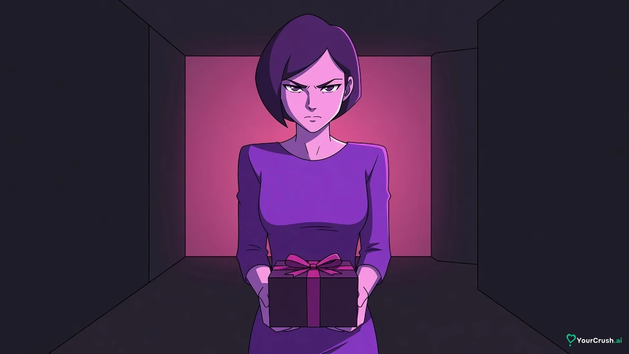 A scowling woman faces forward while hiding a carefully wrapped gift behind her back