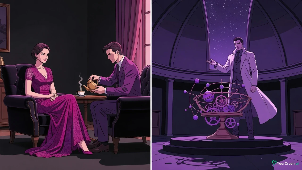 Two panels: a woman served tea in a parlour, and a man raising a hand over an orrery in an observatory
