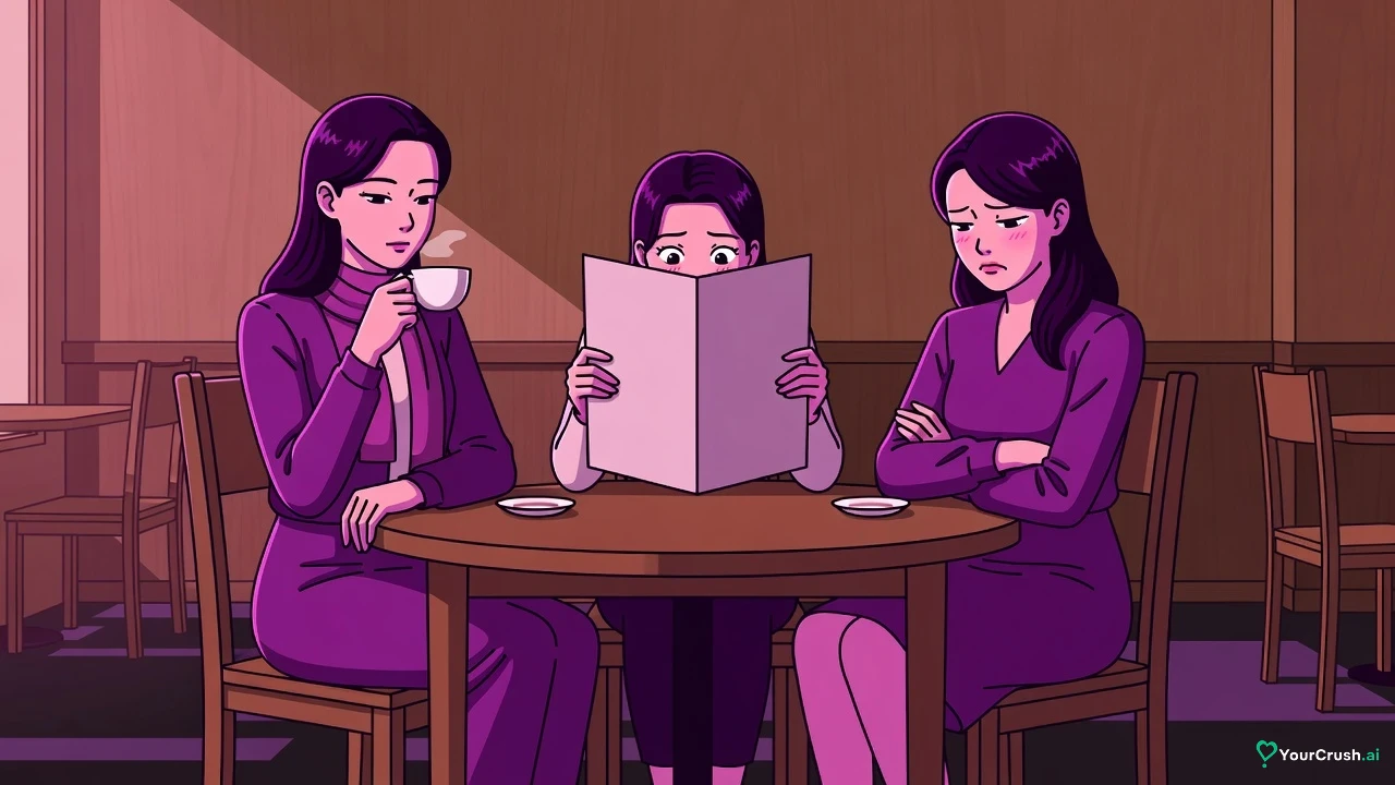 Three women at a café table: one calm with tea, one hiding behind a menu, one with crossed arms