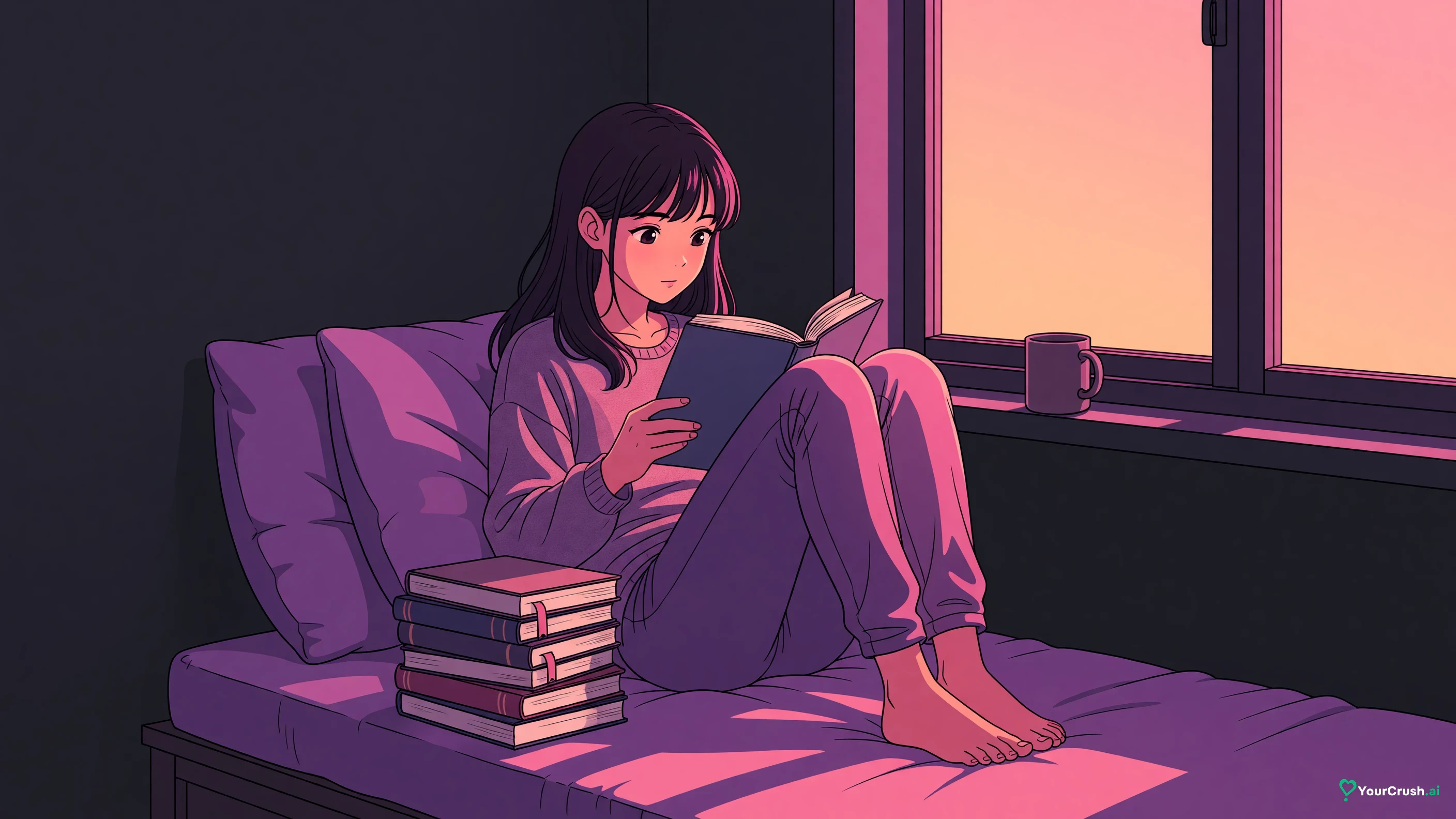 Anime reader curled in a window seat with a stack of romance paperbacks, one open on her knees