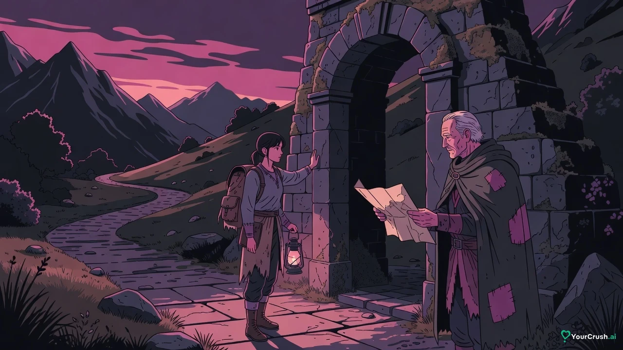 A young woman with a lantern meets an older man at a stone gateway on a mountain path at dusk
