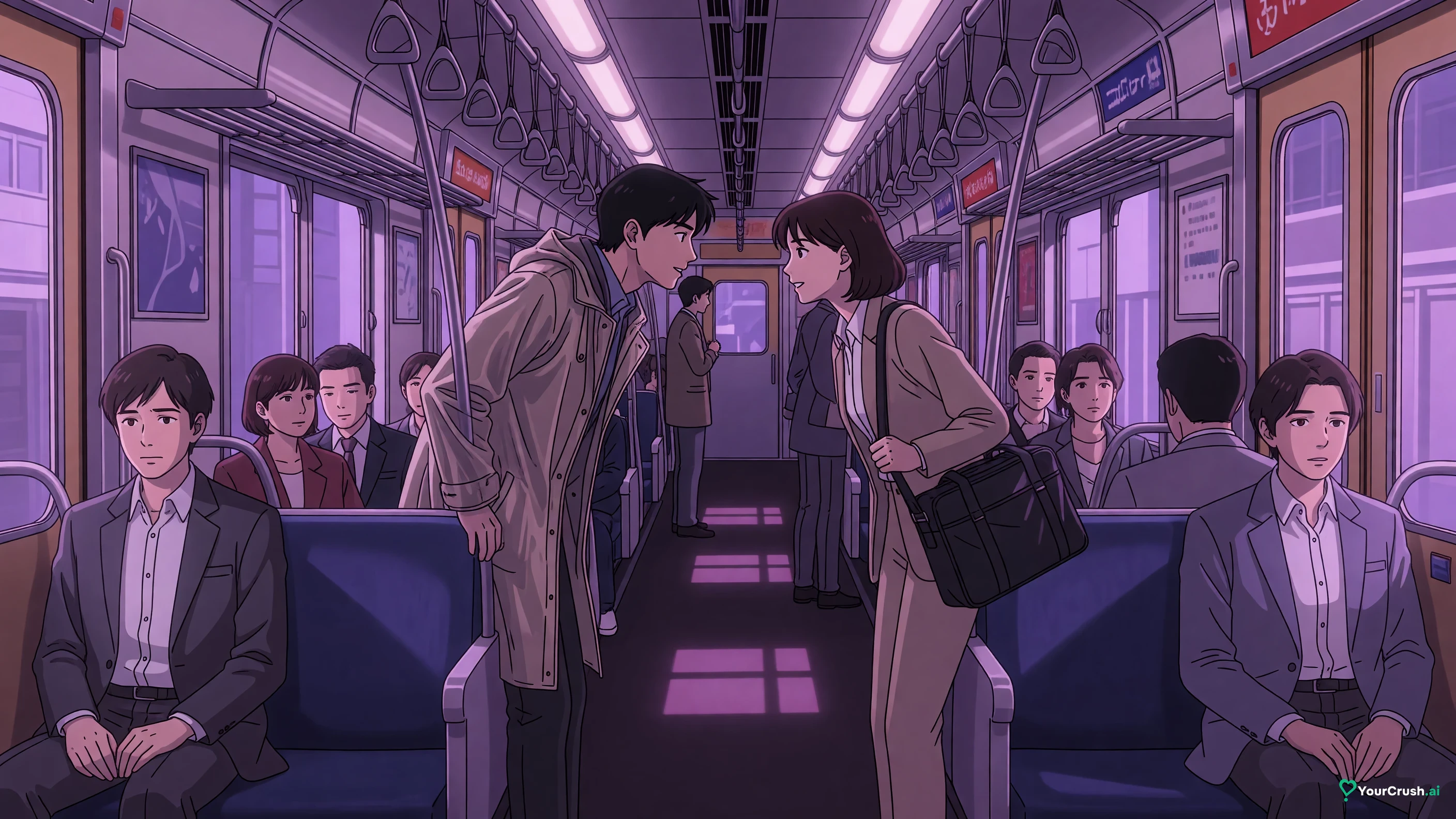 Two passengers on a morning commuter train talking across the aisle, others looking at the window
