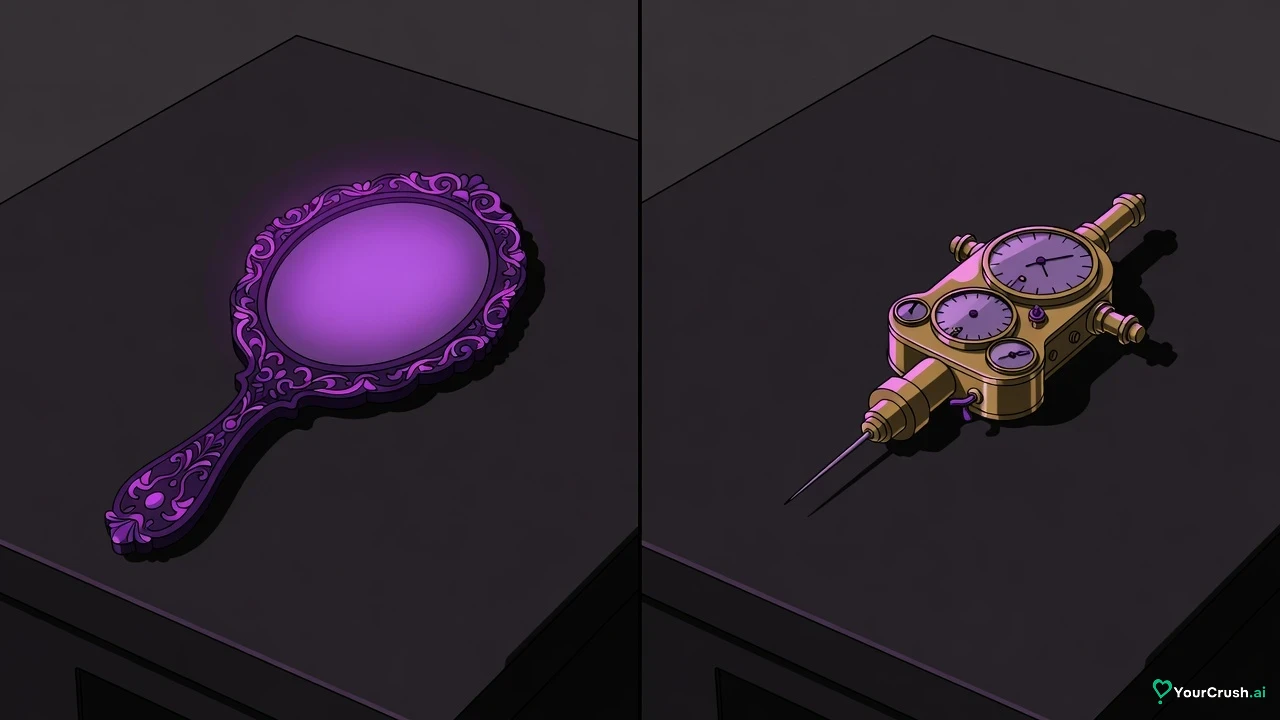 Two panels: a hand mirror with a soft blurred reflection, and a precise brass measuring instrument with a fine needle
