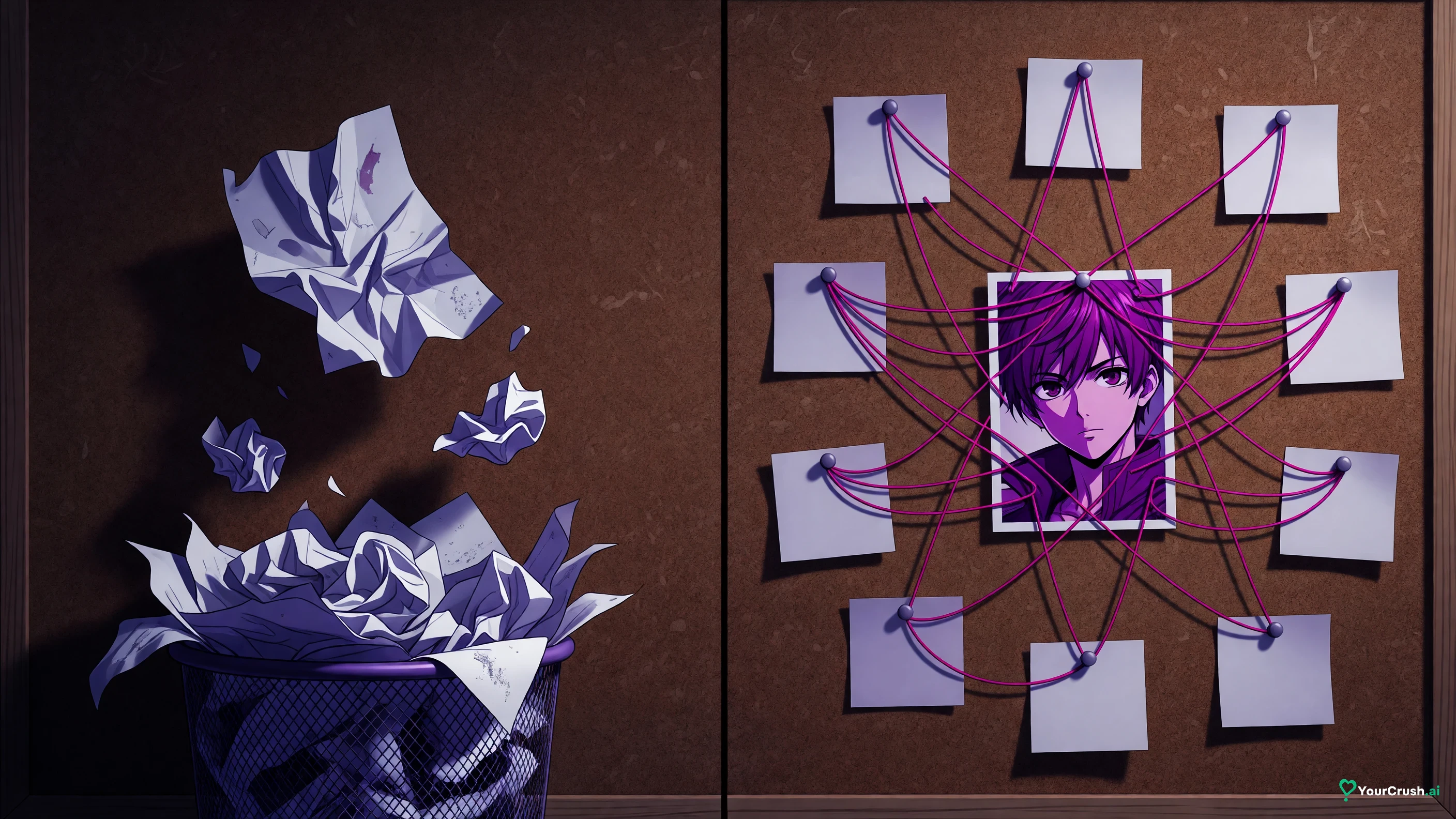 Two panels: a single printed sheet dropped in a bin, then a character card pinned to a board with notes looping back into it