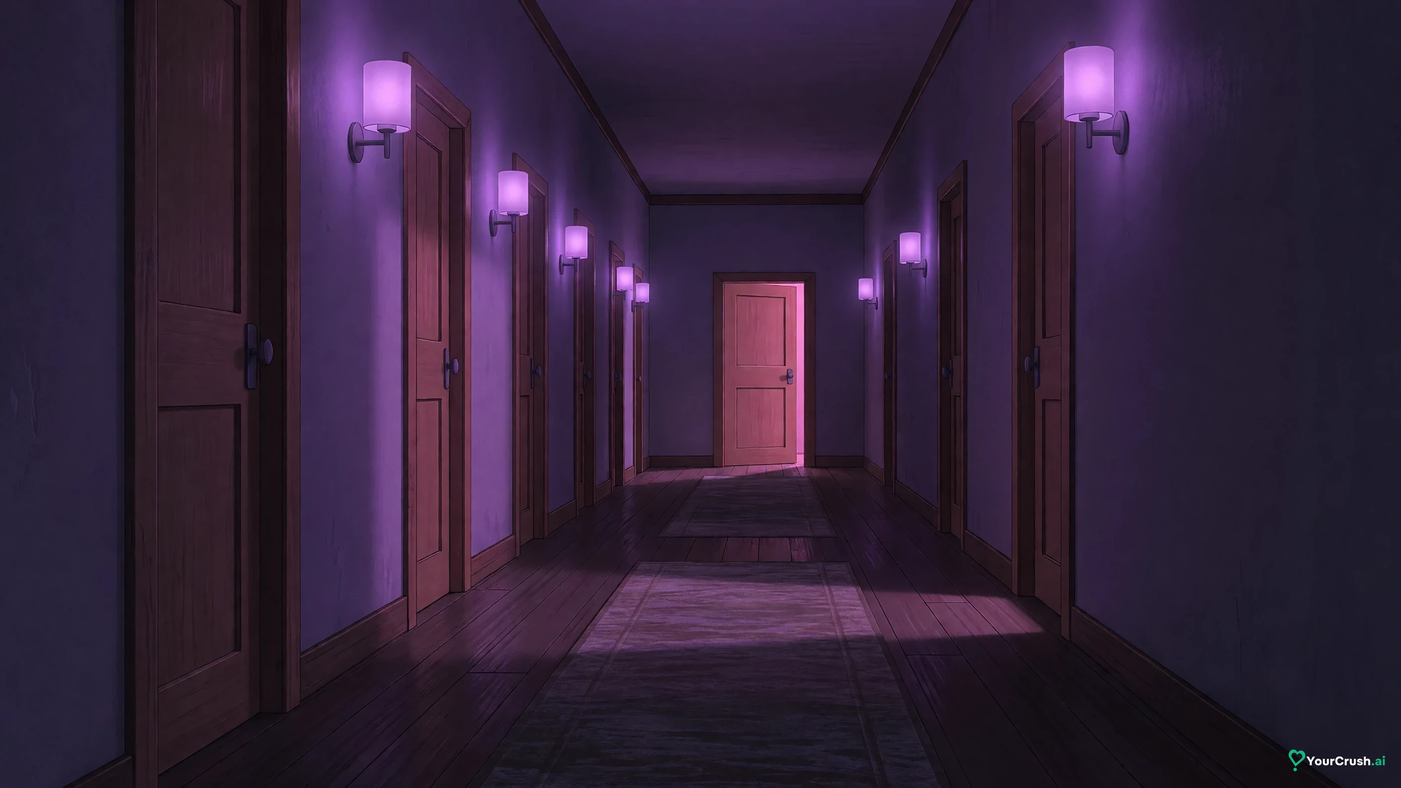 A hallway of closed doors lit violet with pink light spilling from one open door