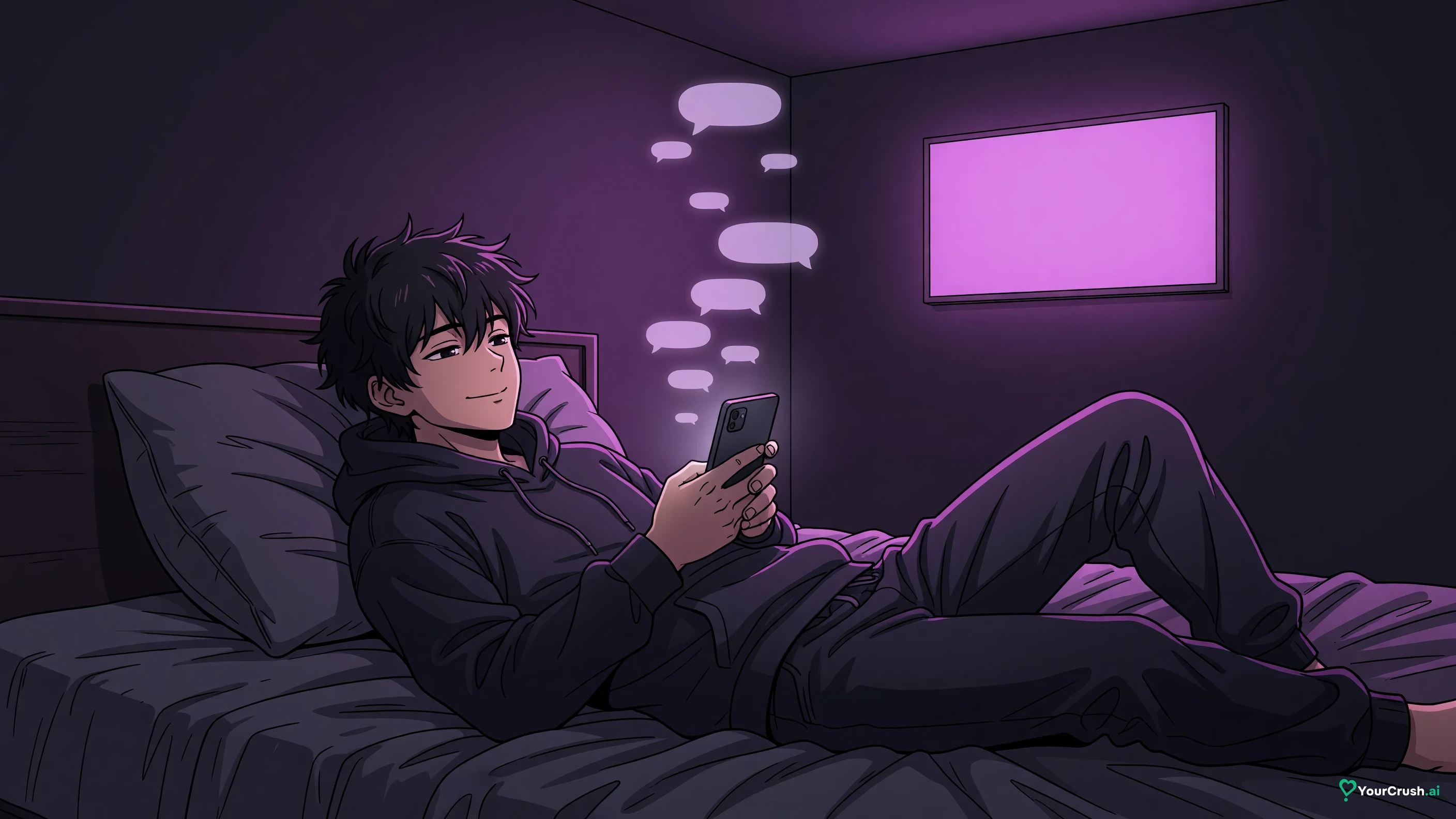 Anime character chatting freely while a small advertising billboard stands in the corner of the room