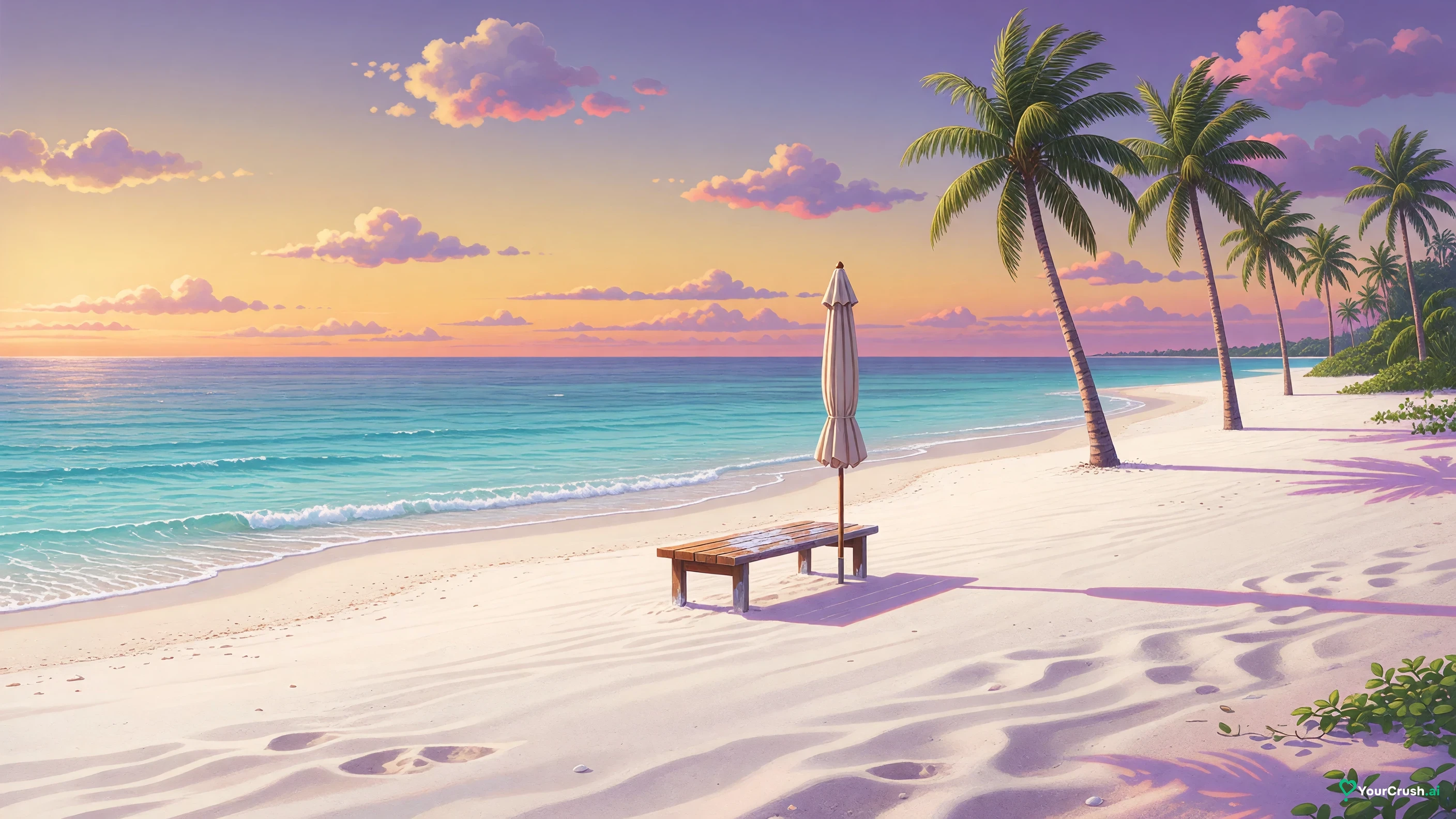 An empty beach in Okinawa in late afternoon light, a setting from the Hidden Inventory arc