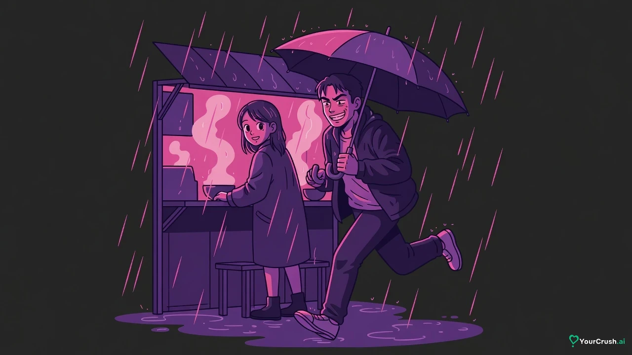 A grinning man runs out to hold an umbrella over a woman waiting outside a noodle counter in rain