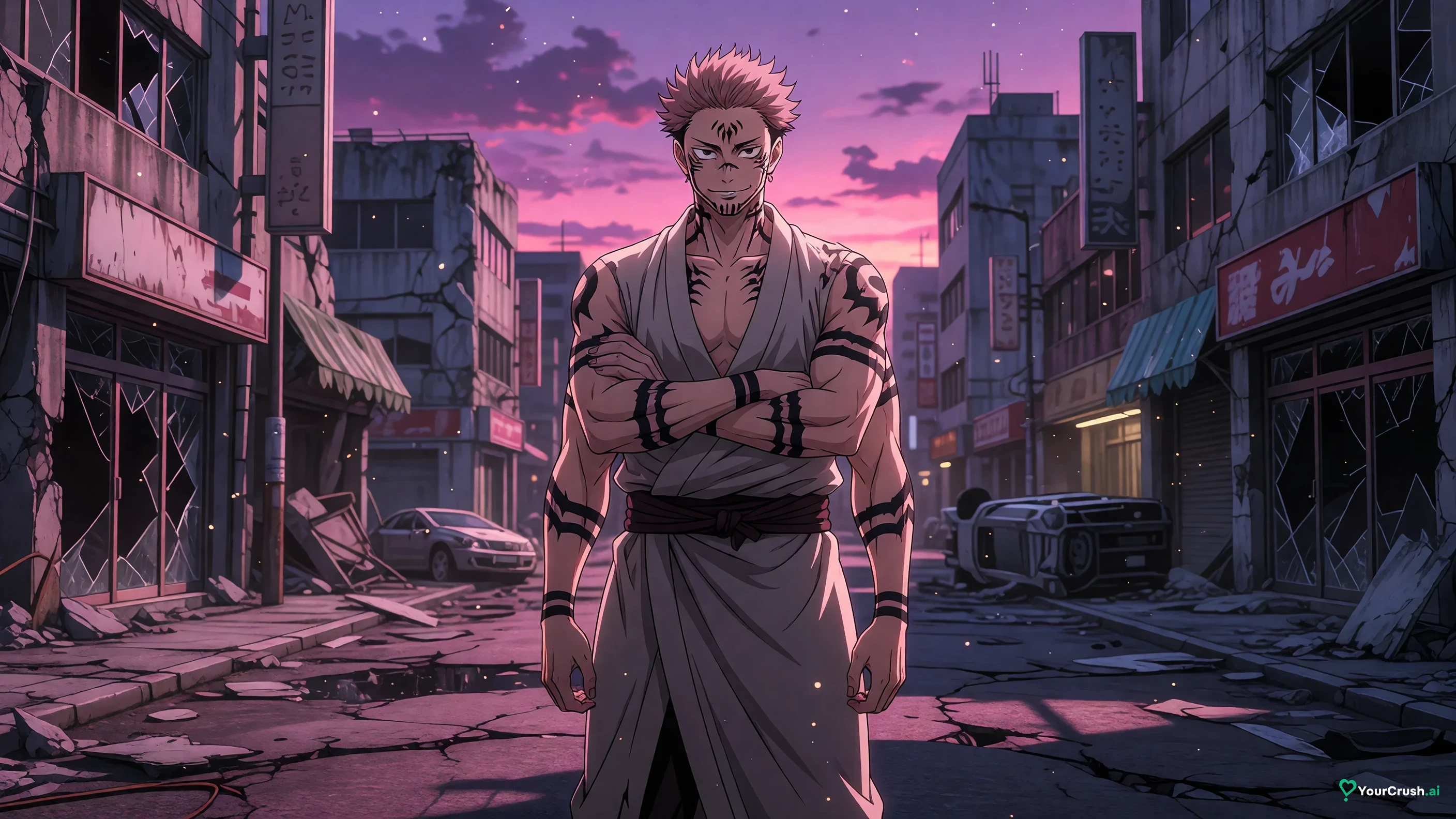 Ryomen Sukuna in his four-armed true form standing on a ruined Shinjuku street at dusk