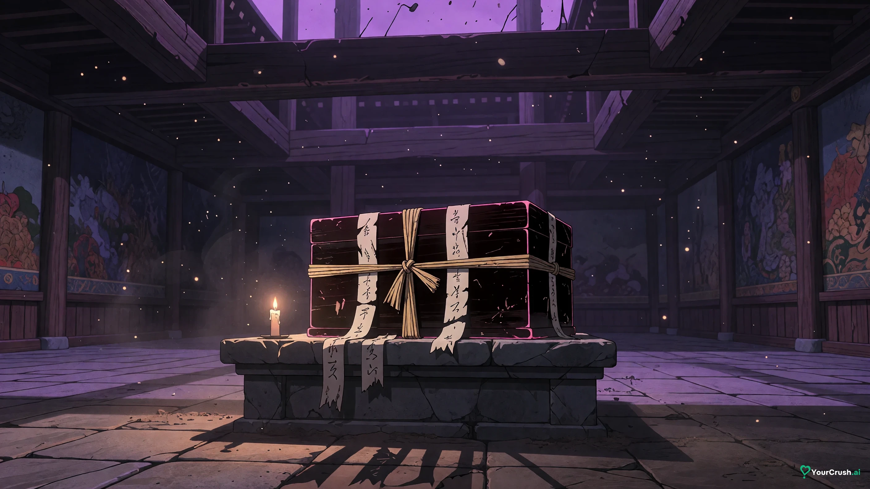 A lacquered box bound with paper talismans on a shrine altar, like the seals on Sukuna's fingers