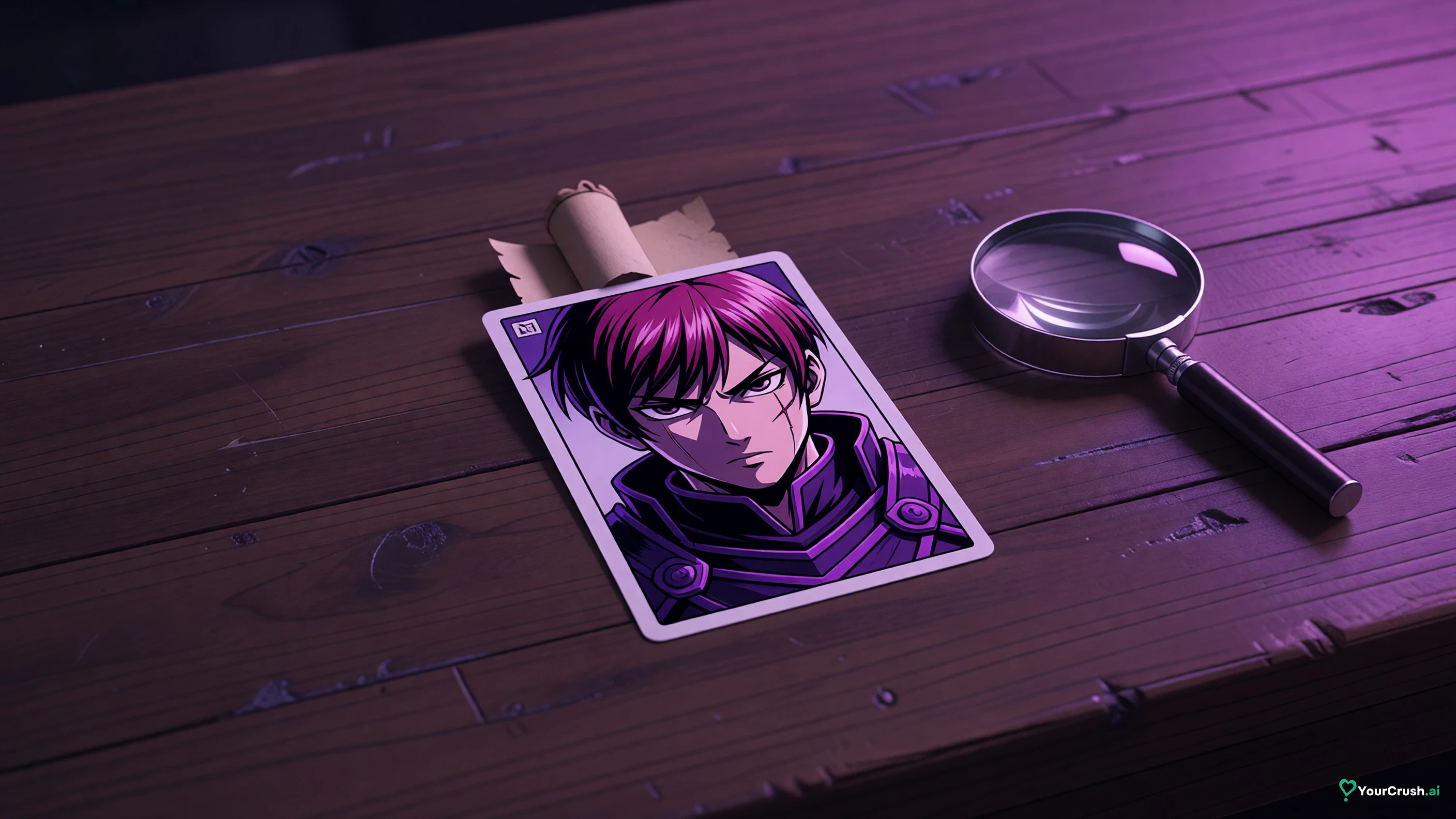 A single trading card on a table with a portrait on the front and a small paper scroll tucked behind it