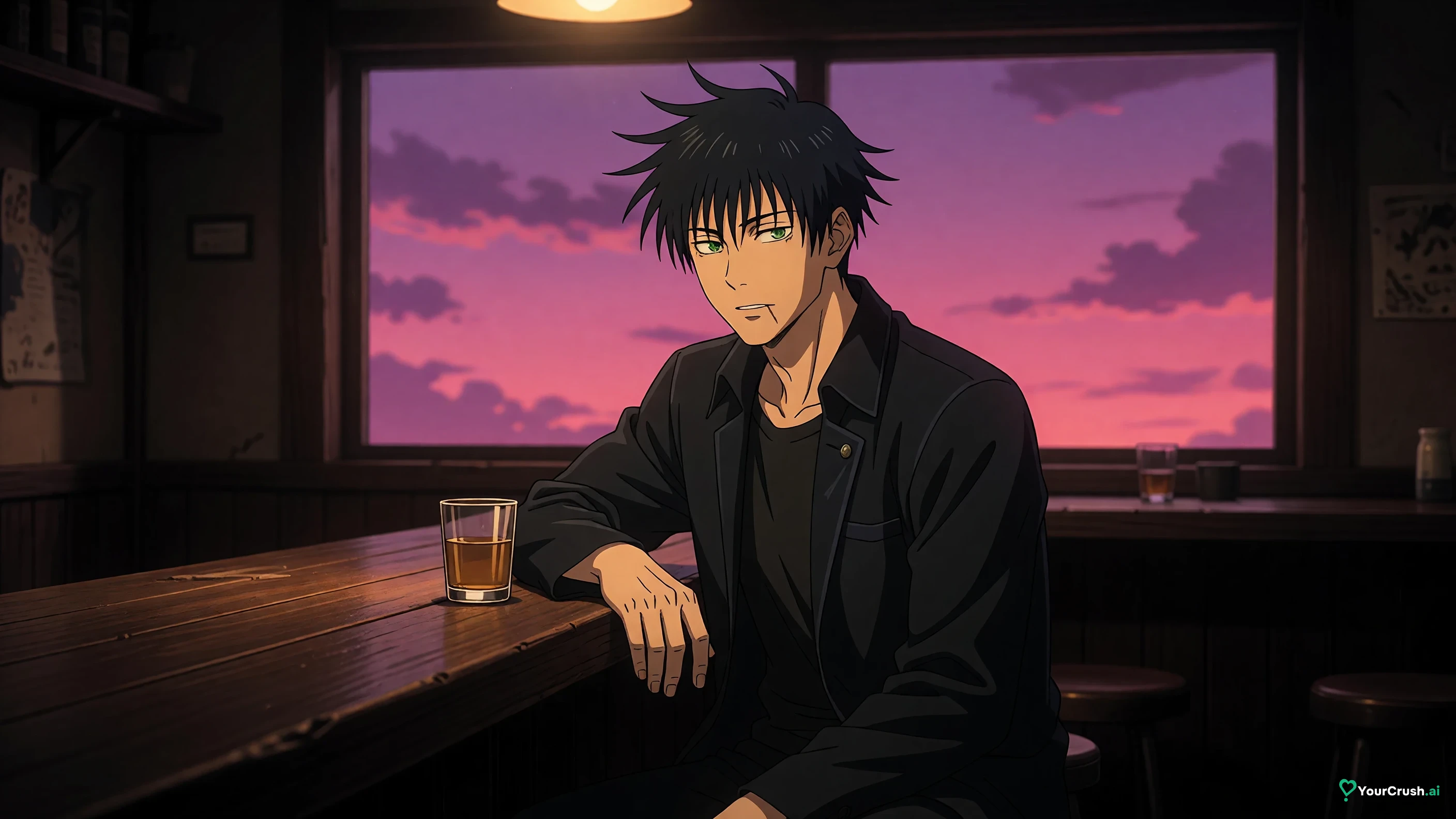 Toji Fushiguro from Jujutsu Kaisen sitting alone at a bar counter late at night