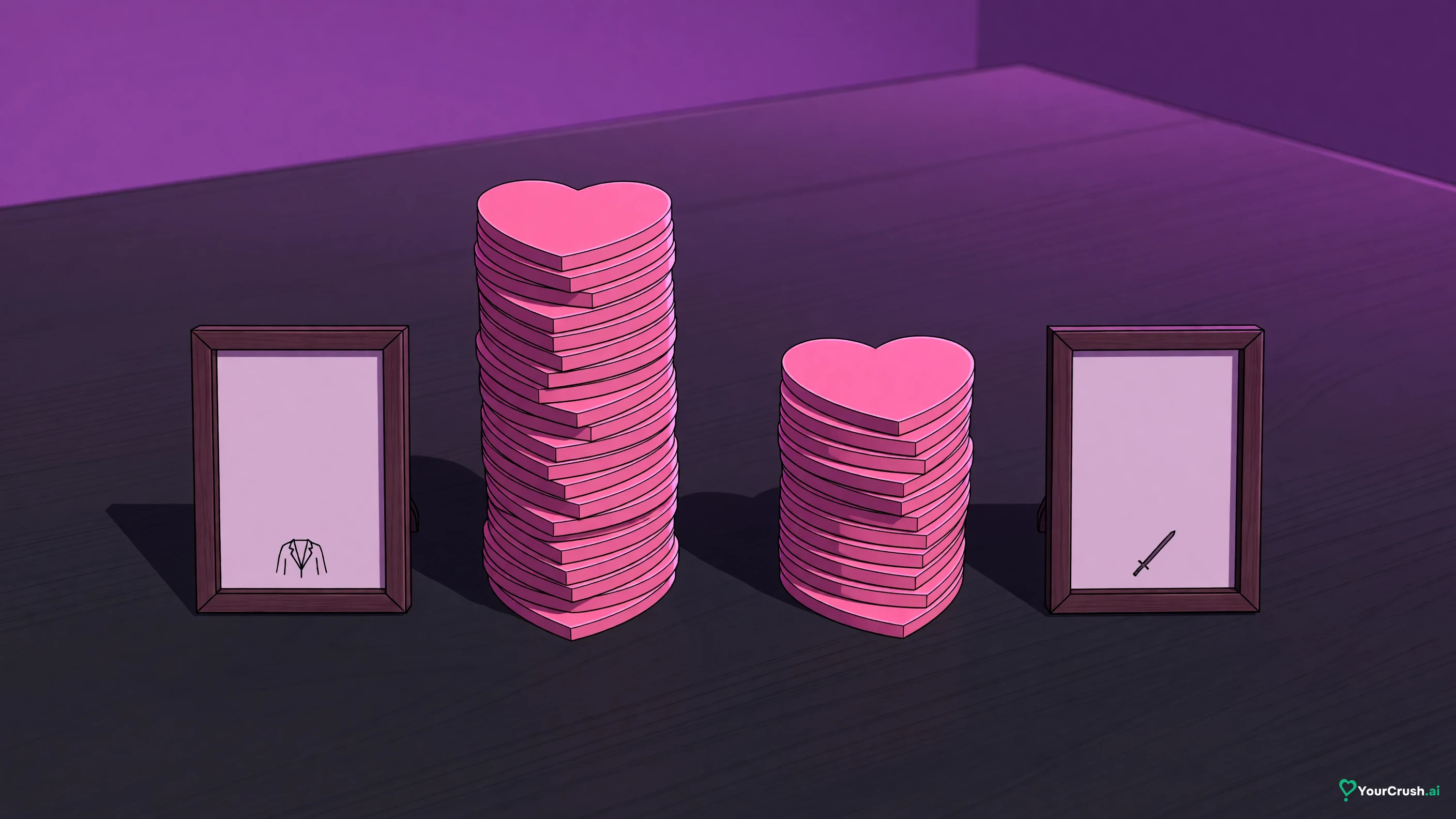 Two tall stacks of heart tokens of different heights beside two small portrait frames, one of a swordswoman and one of a scientist