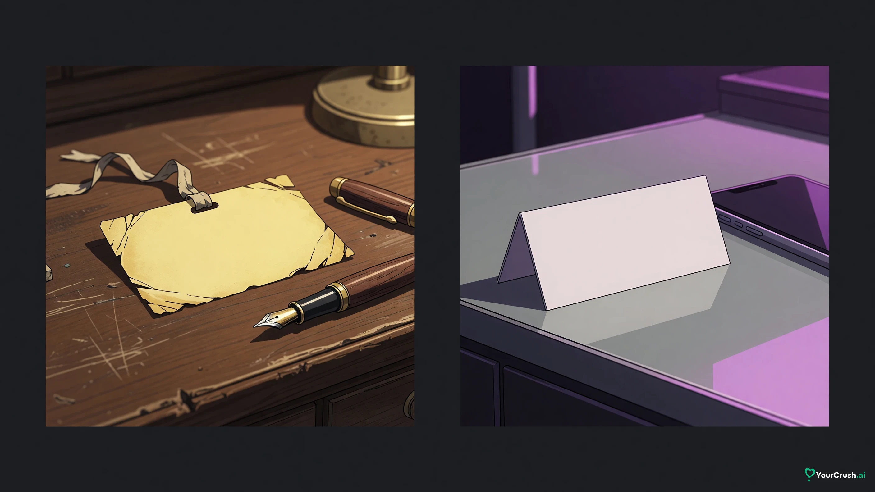 Two name tags on a desk, one on yellowed old paper and one on crisp new card, side by side under a lamp