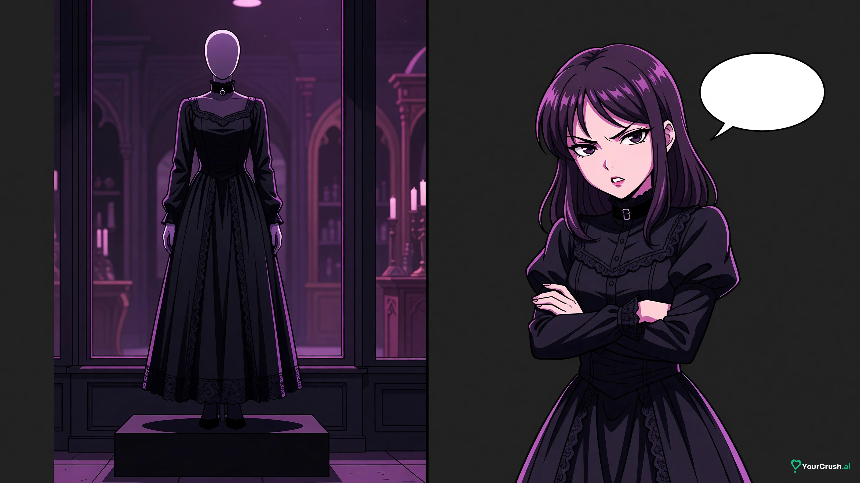 Two panels: a goth character drawn as a costume on a mannequin, then the same character mid-sentence with a guarded expression