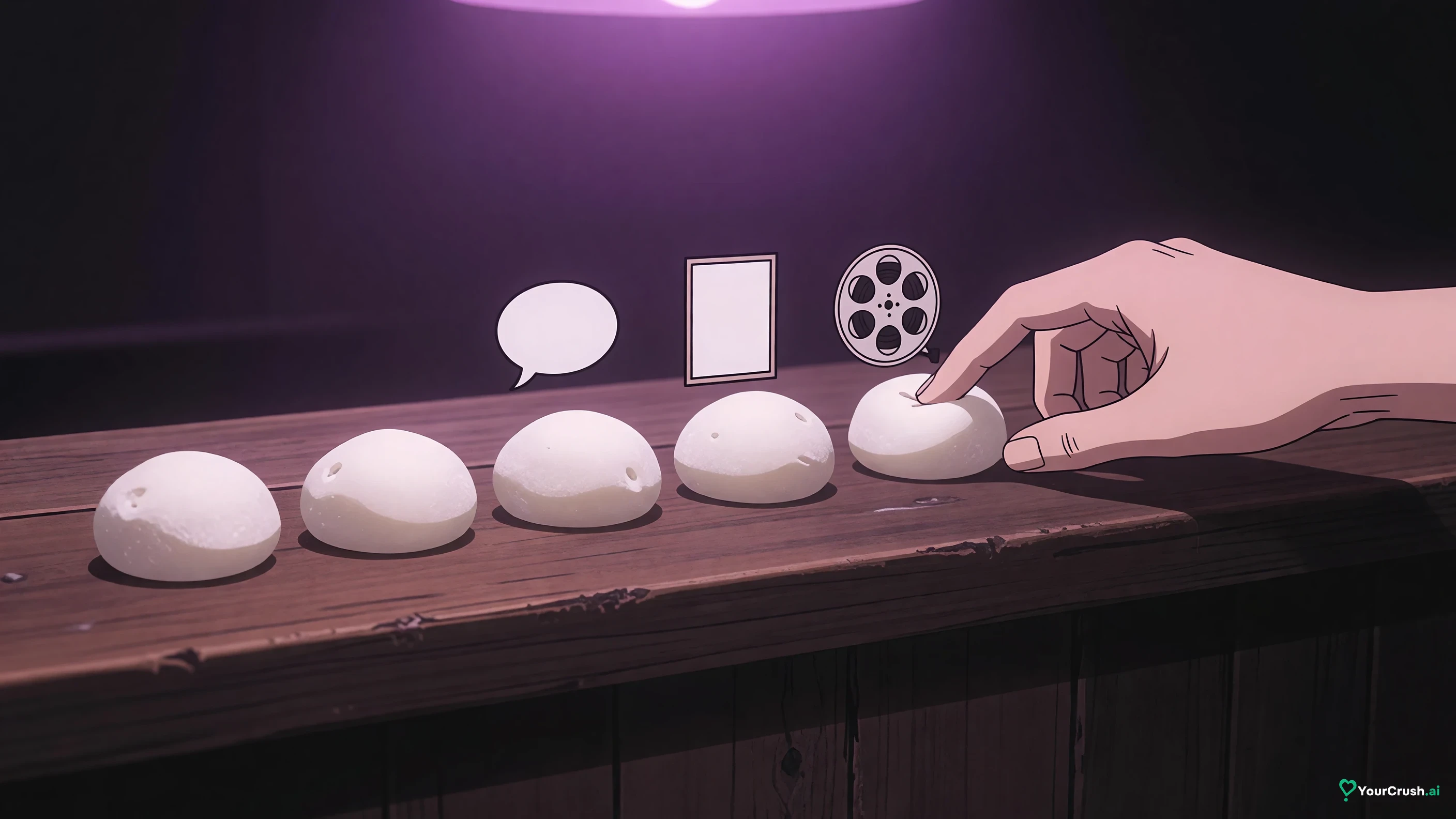 A row of small mochi rice cakes on a counter next to a chat bubble, a picture frame and a film reel, one mochi being pushed toward each