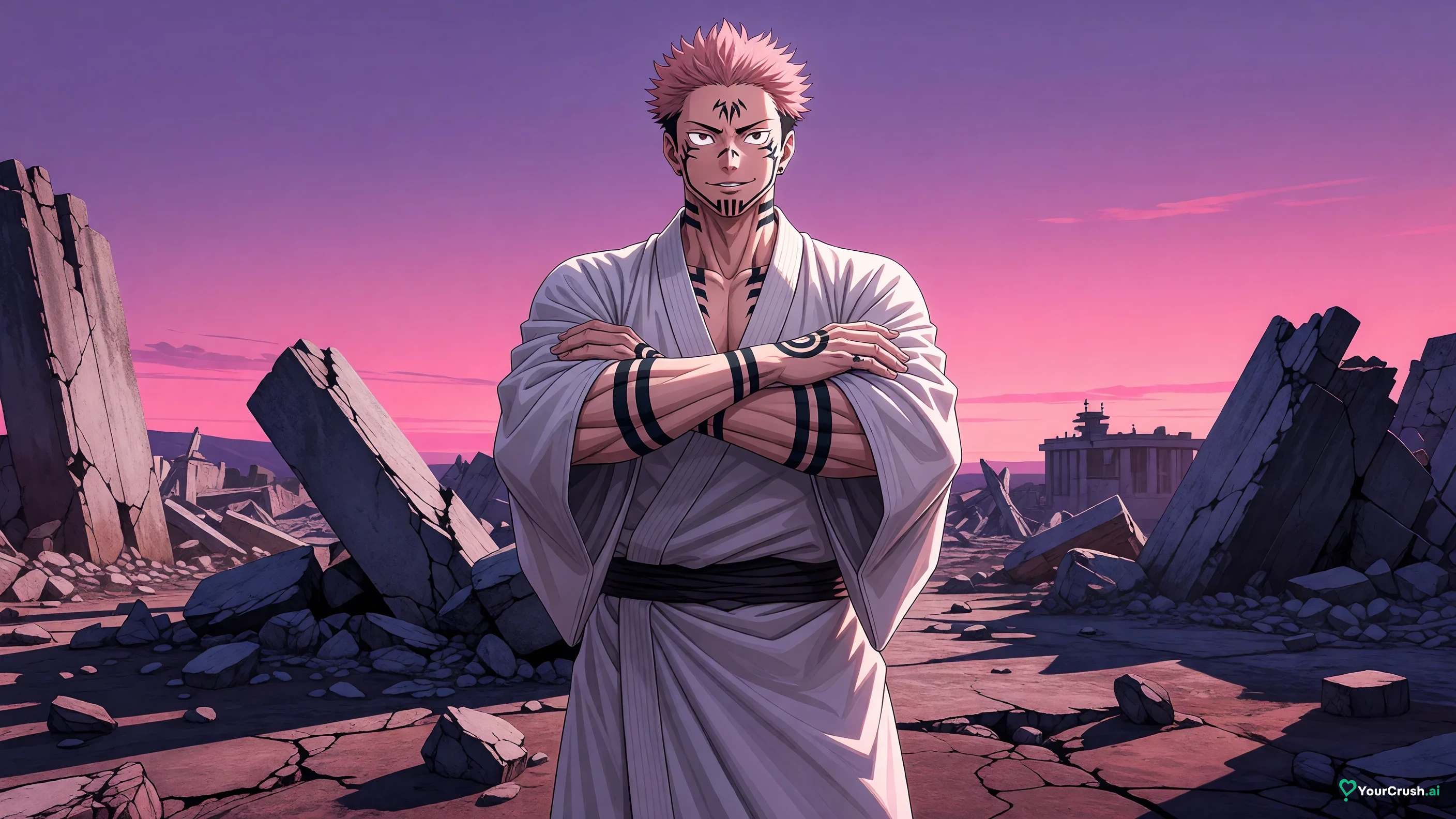 Ryomen Sukuna from Jujutsu Kaisen in his four-armed true form standing in rubble at dusk