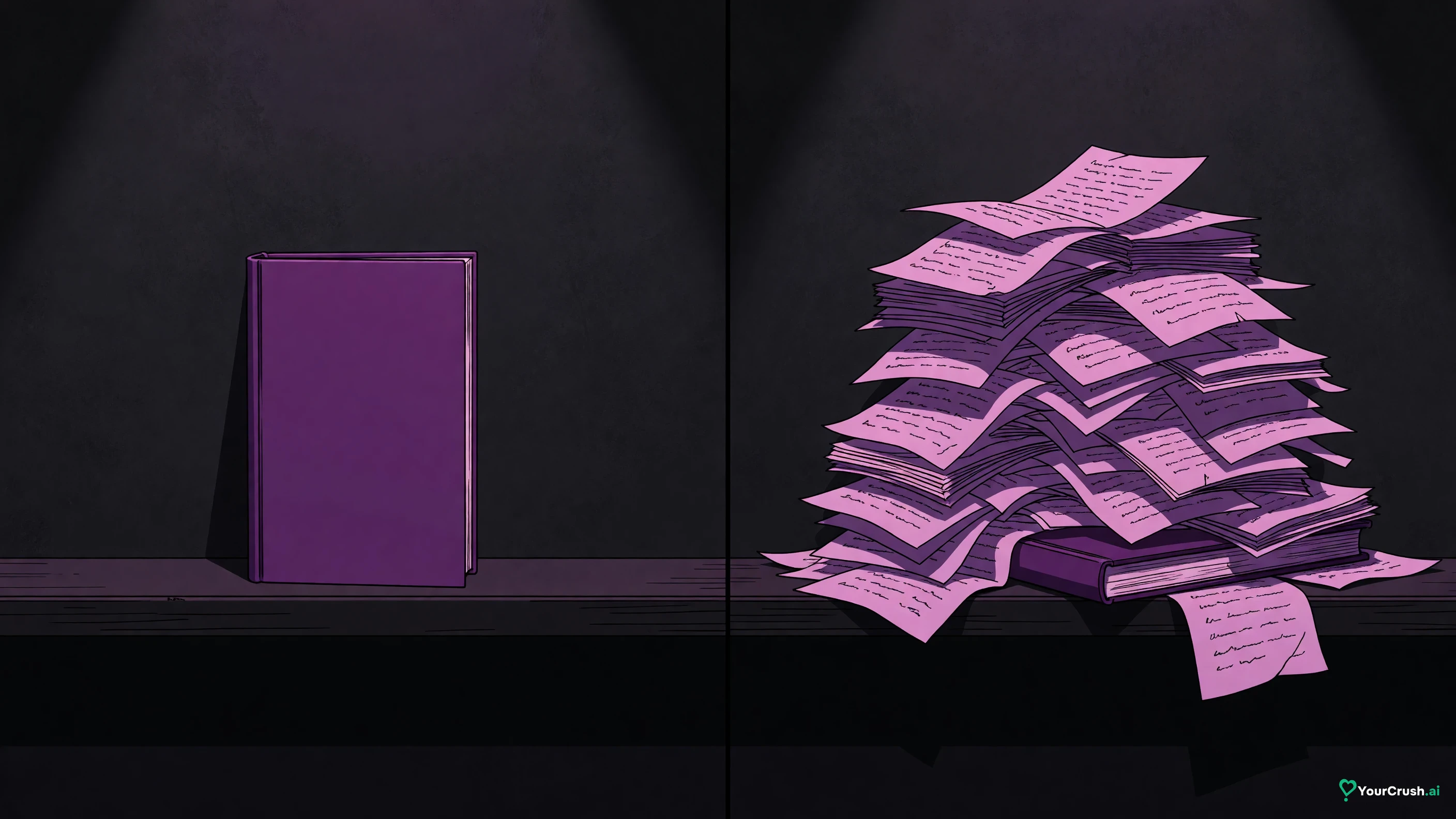 Two panels: a single slim book on a shelf, then the same book buried under a towering heap of loose pages