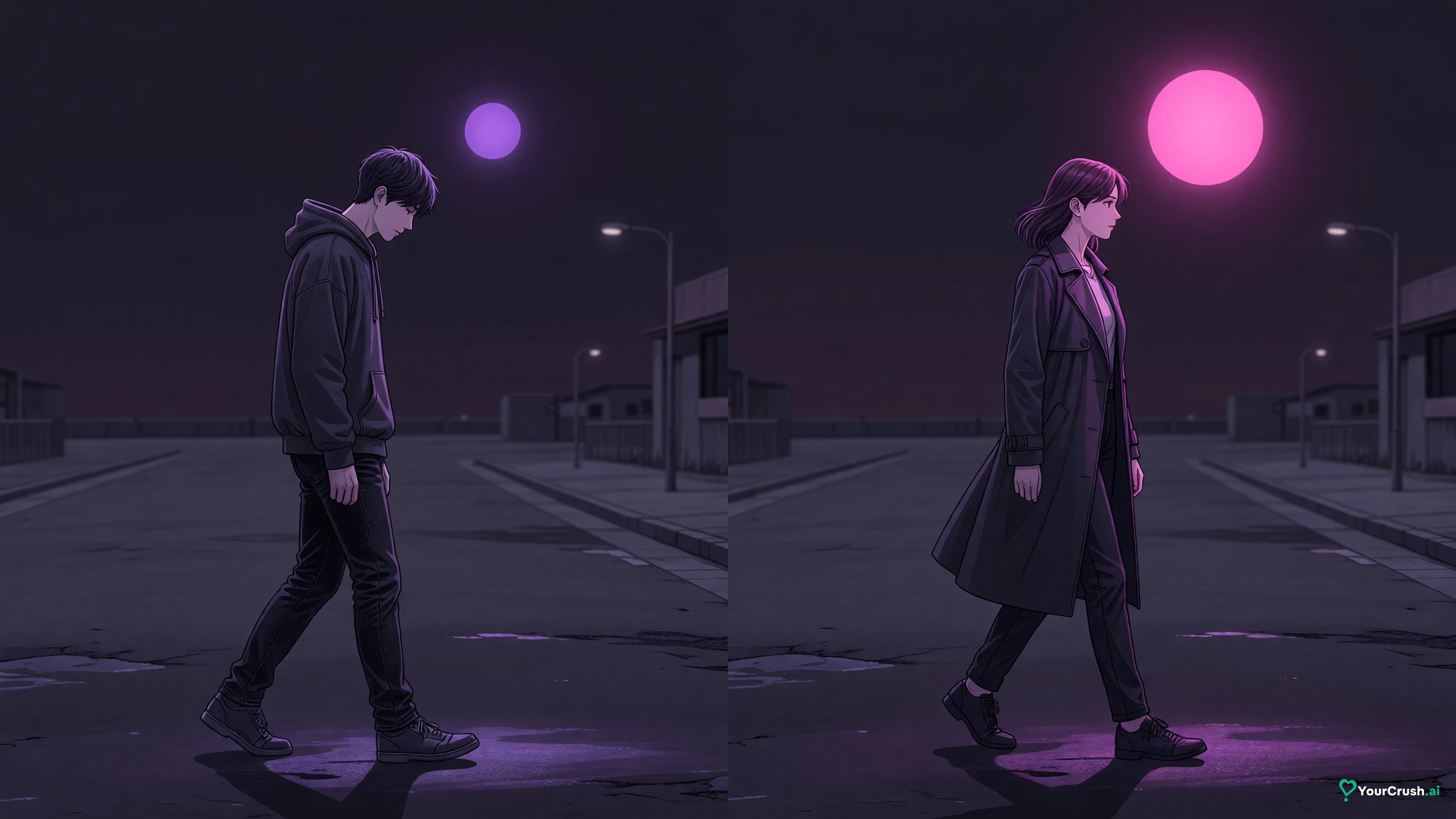 Two people walking away after a chat, one with a small dim glow above, the other with a large bright glow
