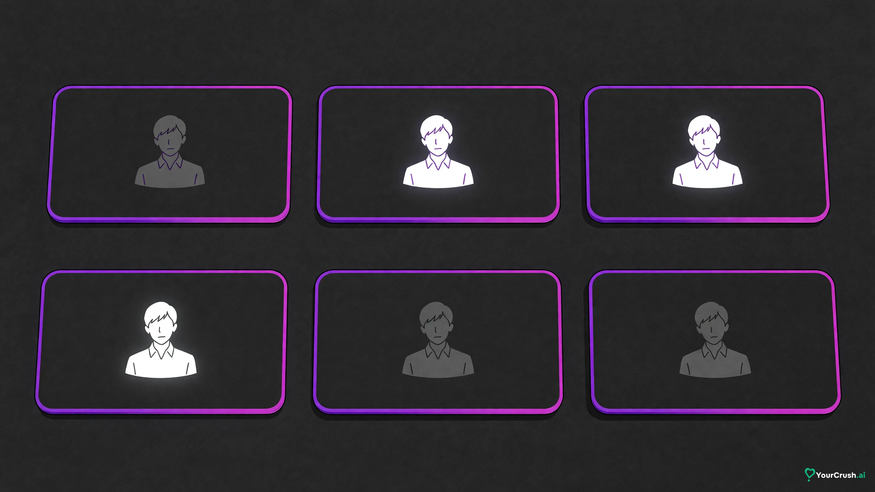 Six app tiles, each with a small male silhouette, some crisp and some faint