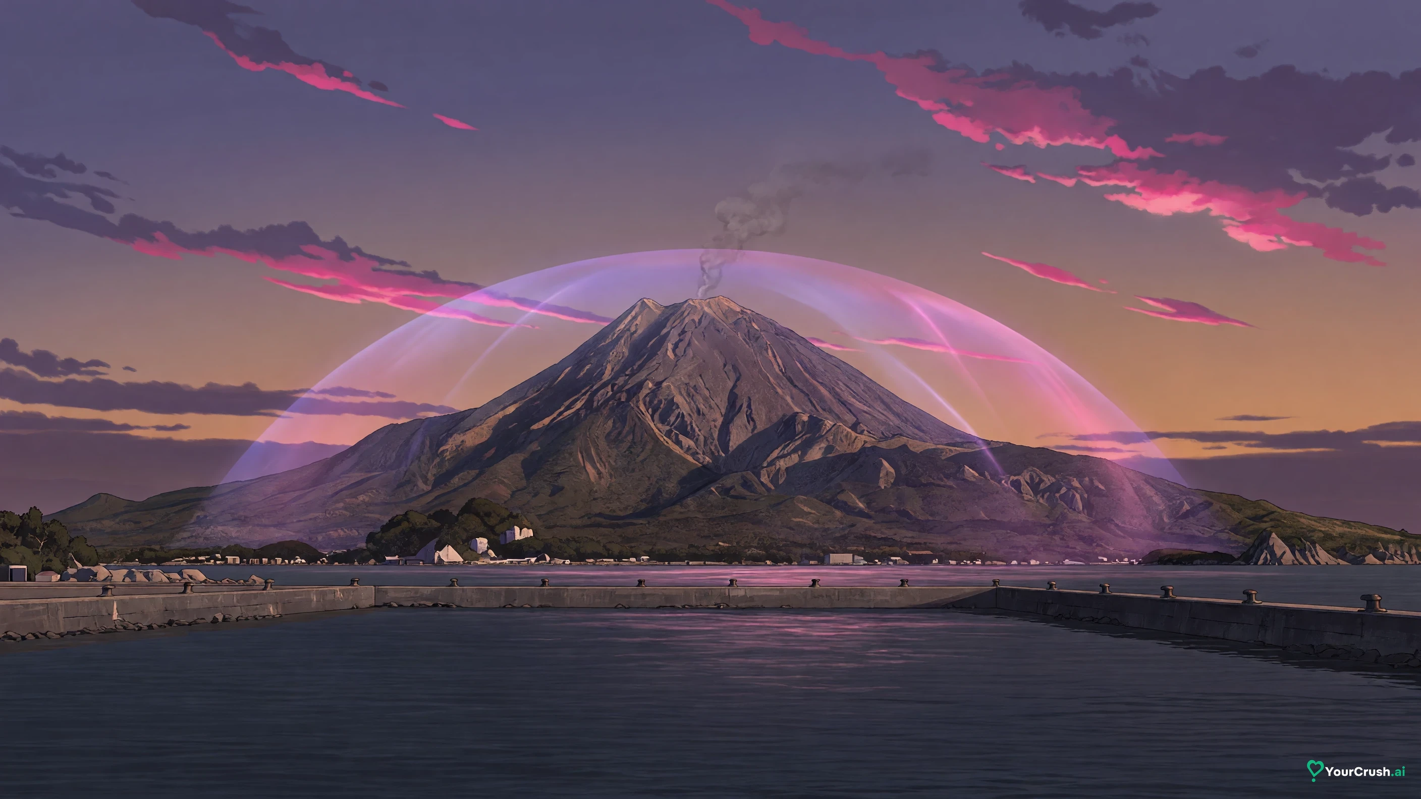 Sakurajima volcano at dusk under a faint barrier dome, the Sakurajima colony in the Jujutsu Kaisen manga