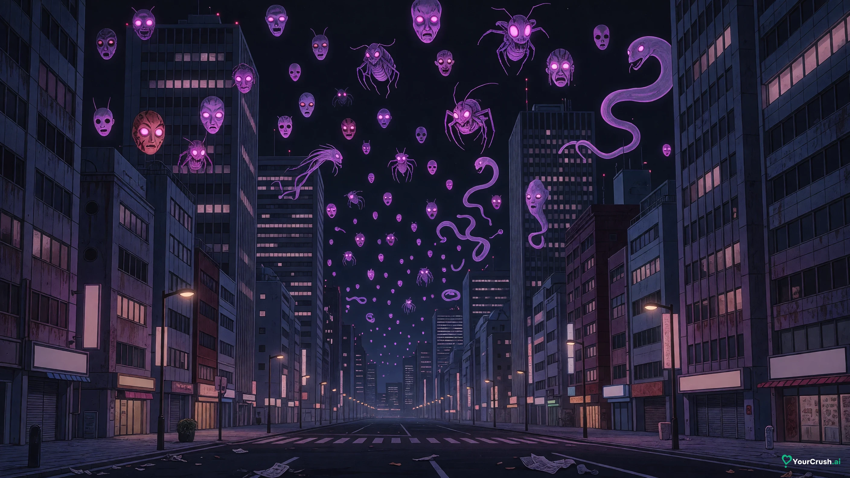 Dozens of cursed spirits drifting over Shinjuku at night during the Night Parade