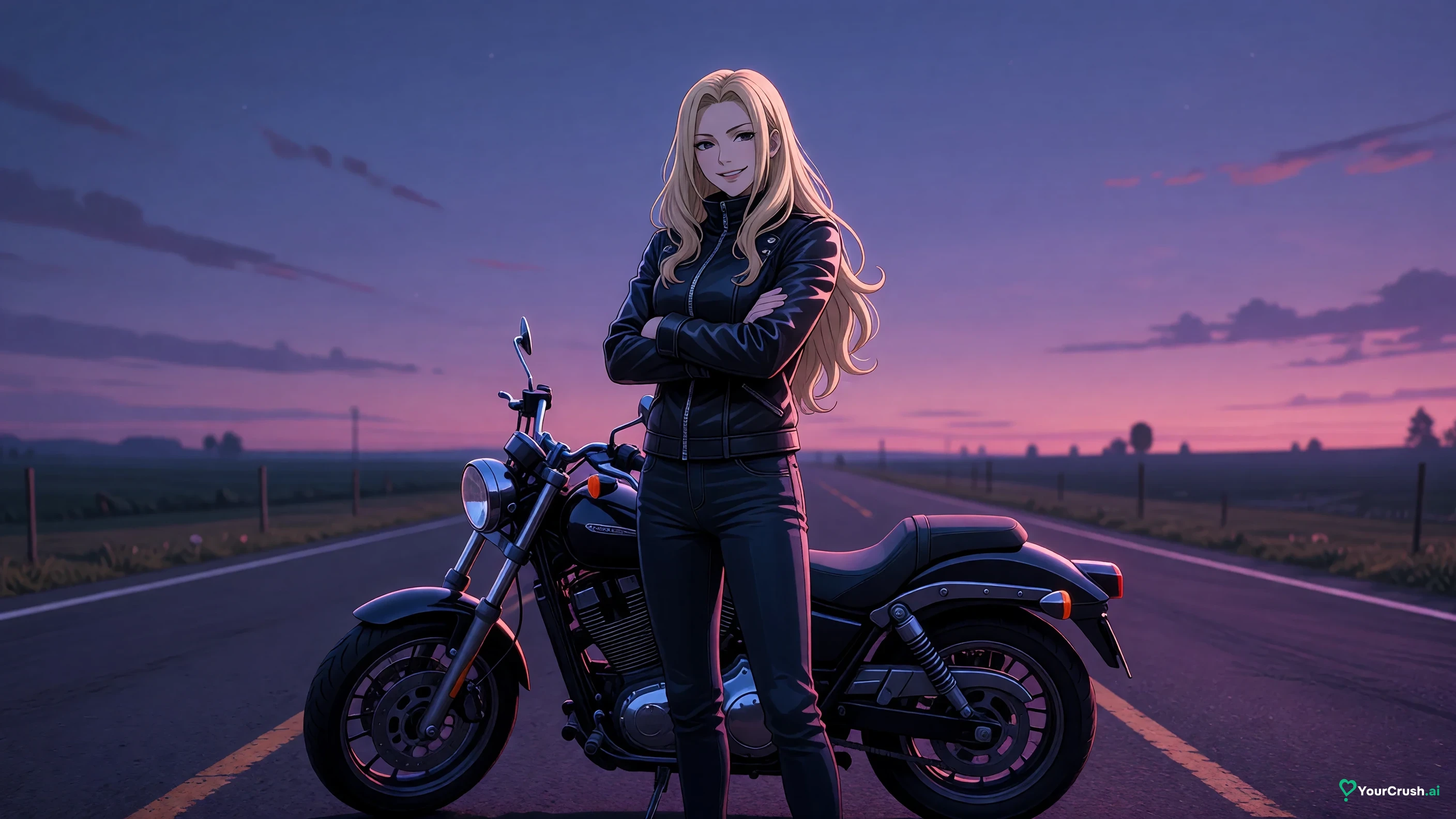 Yuki Tsukumo from Jujutsu Kaisen standing beside a motorcycle on a quiet road at dusk