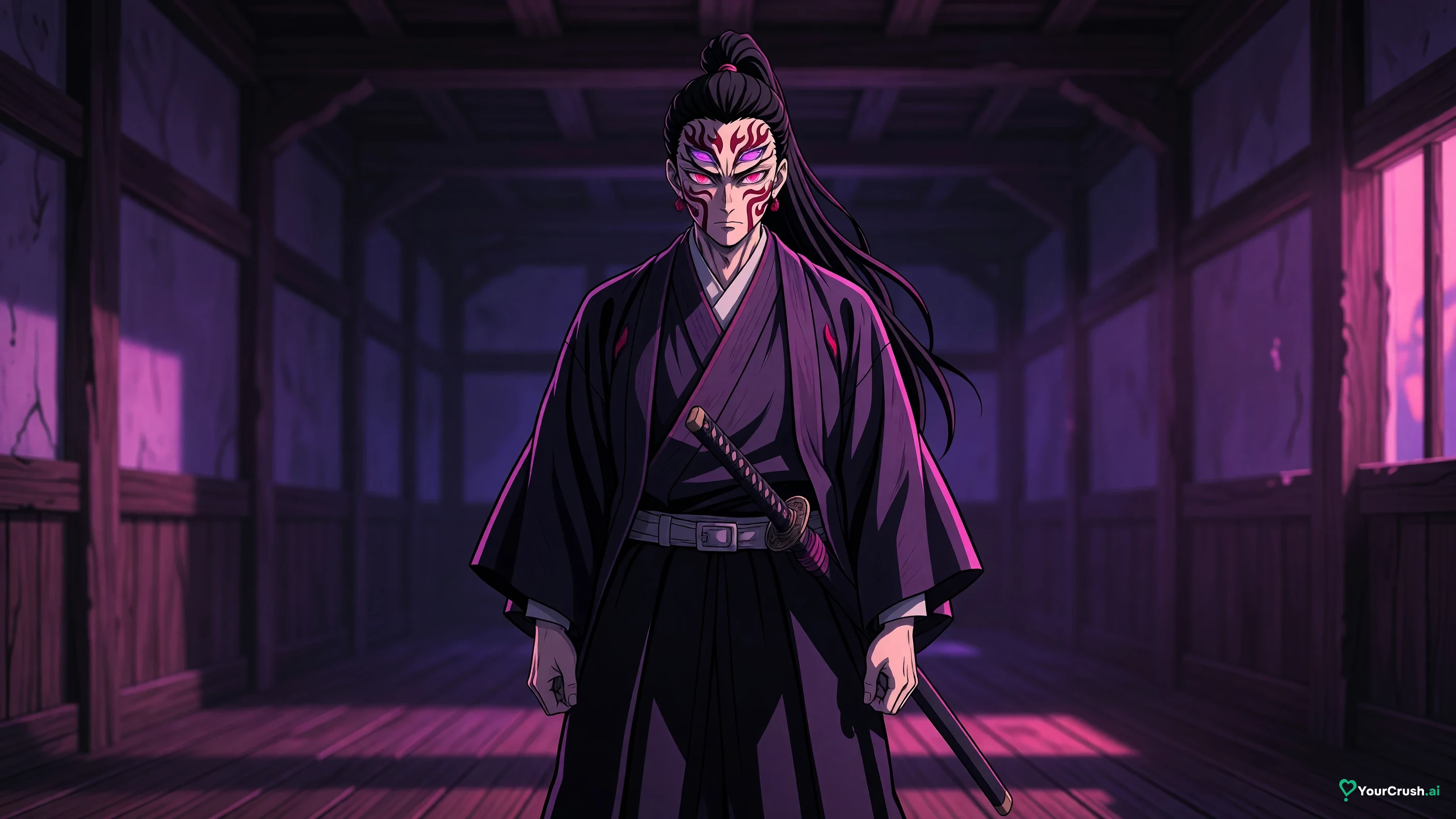 Kokushibo from Demon Slayer standing in a dim wooden corridor of the Infinity Castle