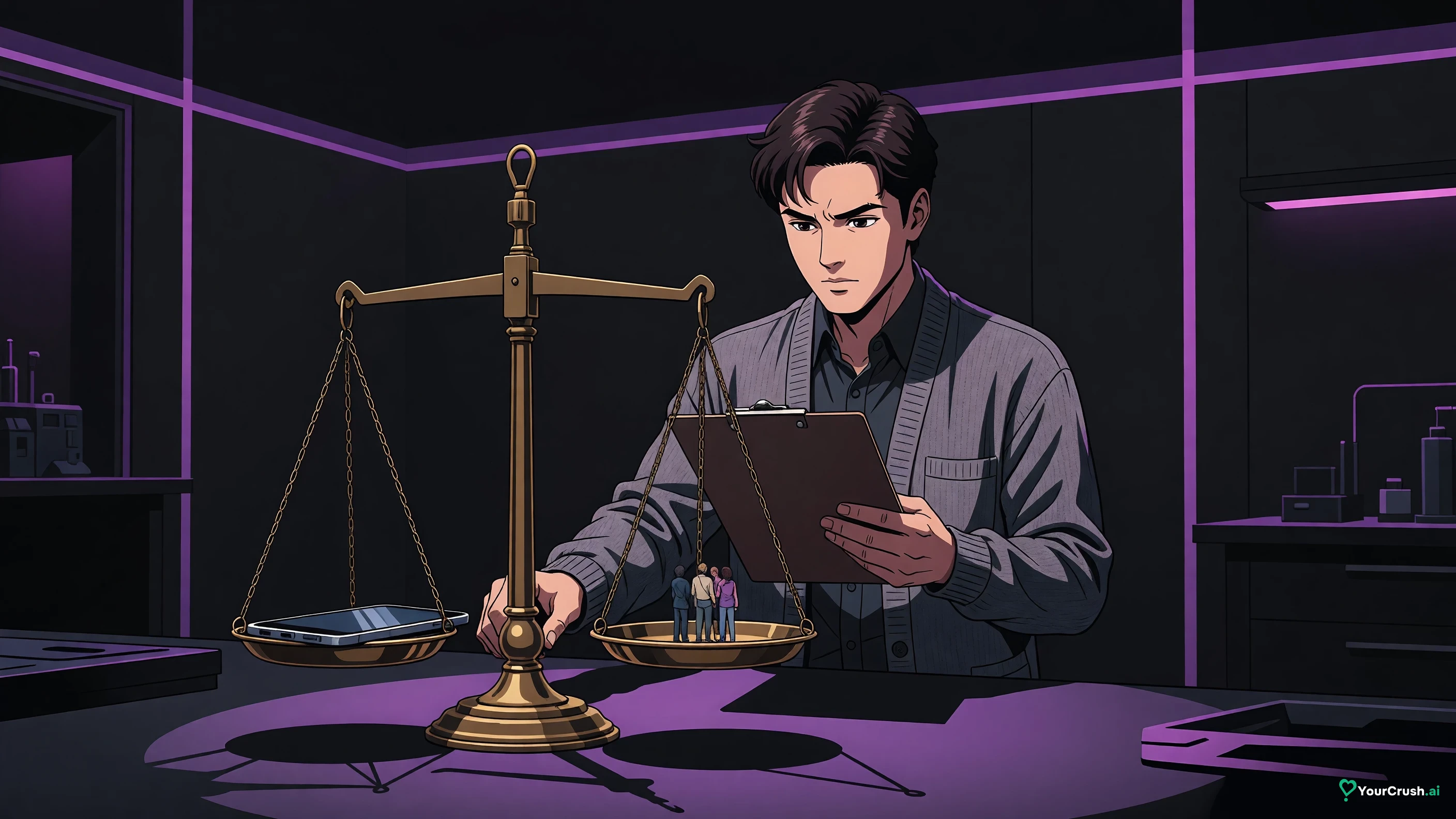 Anime researcher reading a clipboard beside a scale balancing a phone against a small group of friends