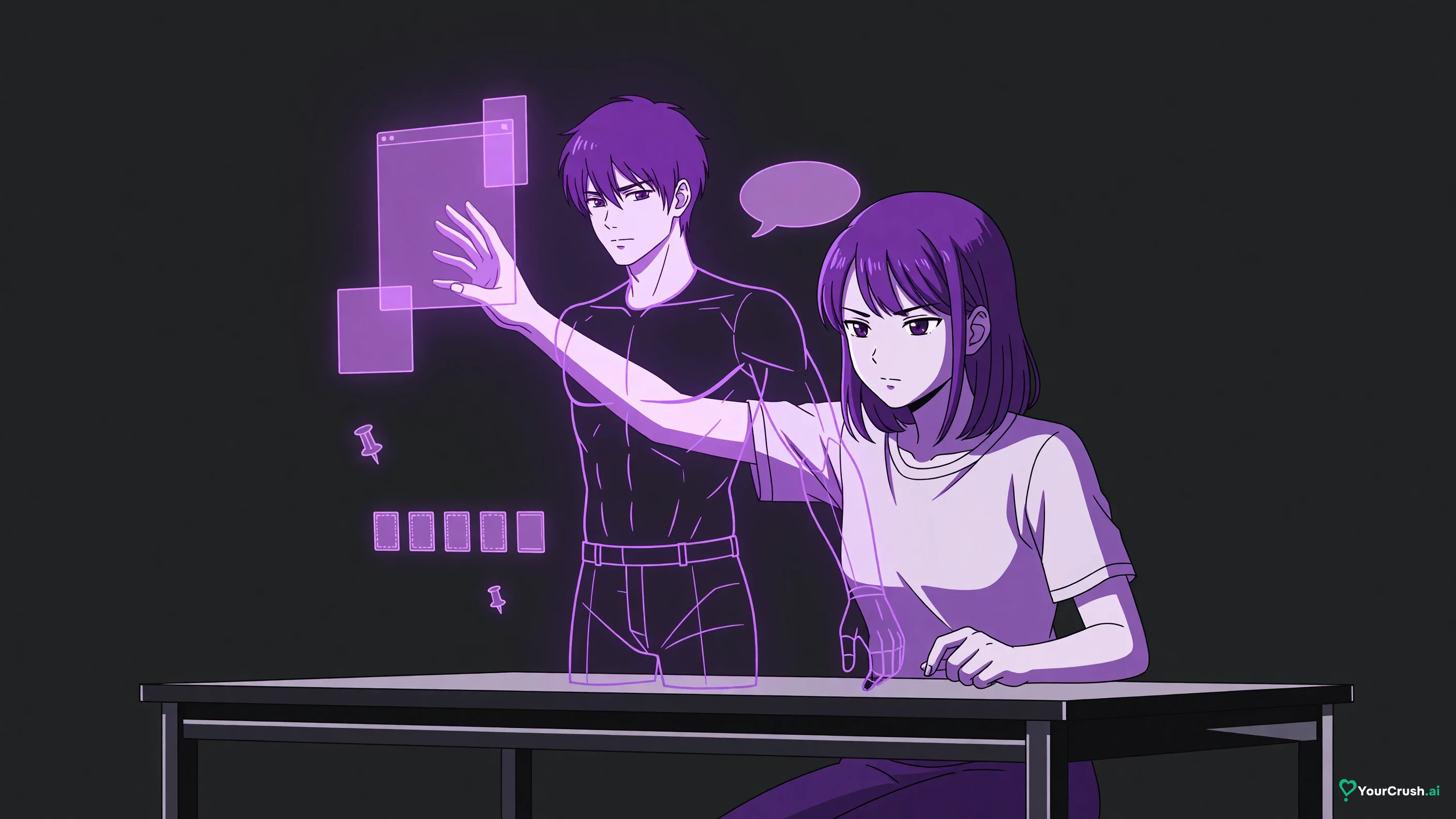 Anime creator assembling a male character from floating panels: a portrait, a greeting bubble, a row of trait chips