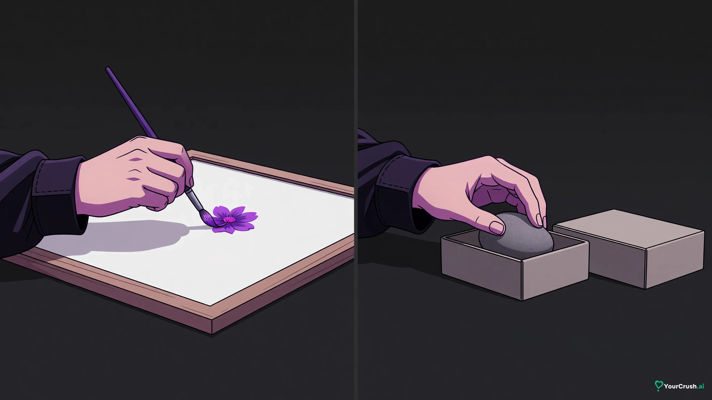 Two panels: a hand painting something new onto an empty canvas, and a hand placing an existing object into a labelled-free box