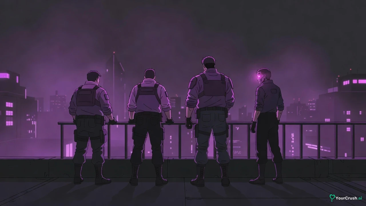 Four mercenaries seen from behind as silhouettes on a rooftop, looking over a neon city at night