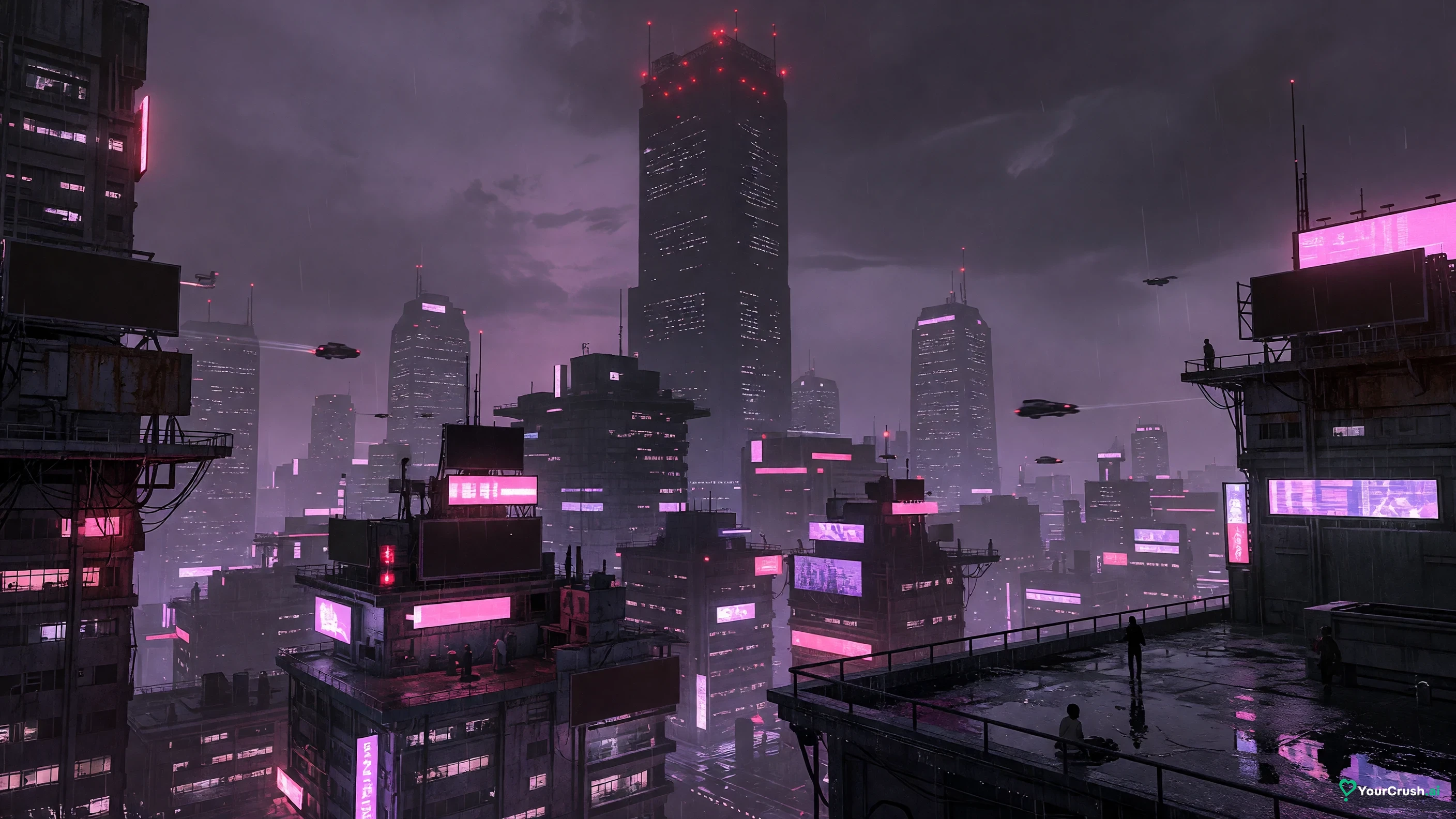 Night City skyline at night with a corporate tower, the setting of Cyberpunk Edgerunners