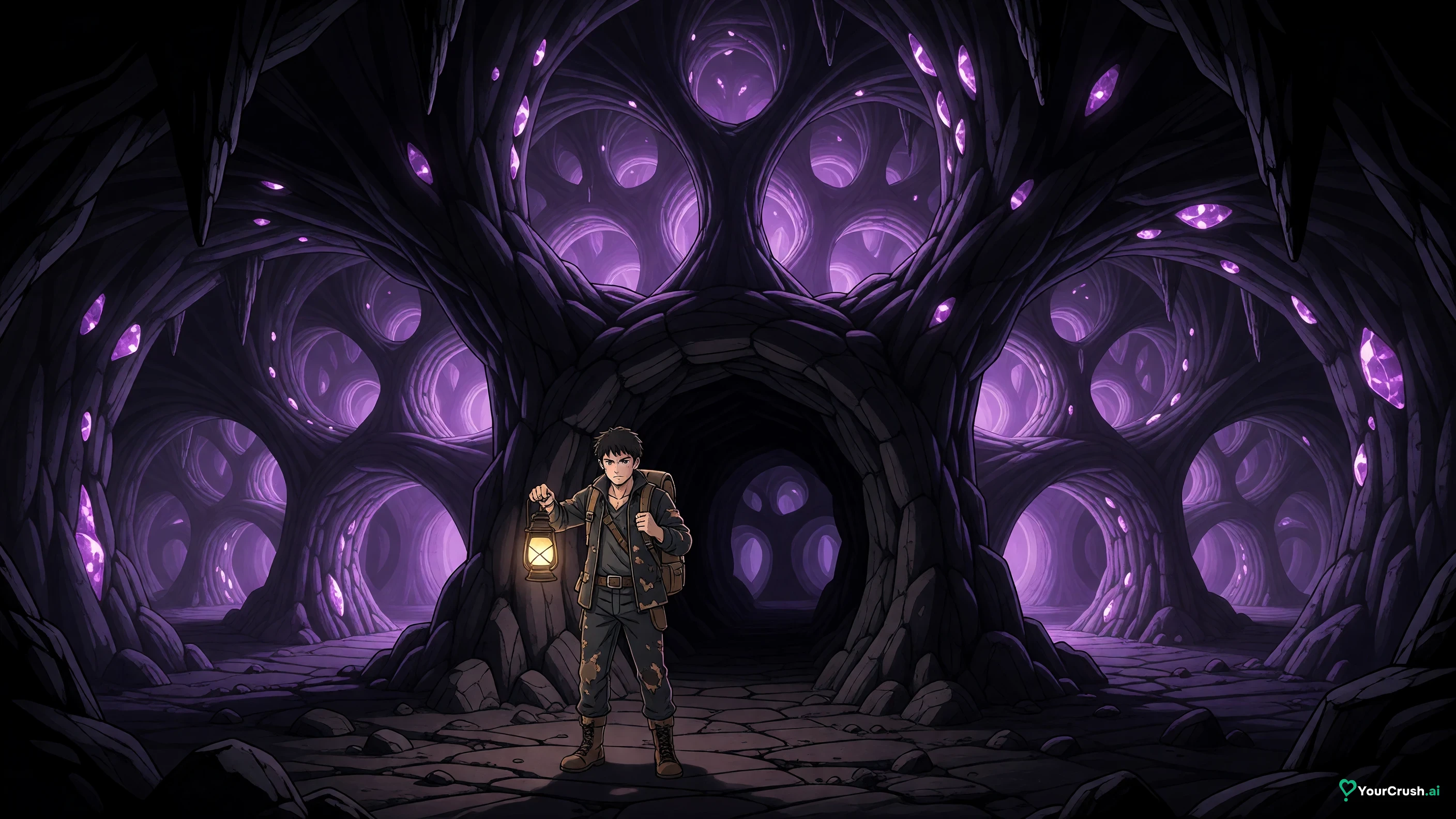 A cave mouth splitting into three tunnels, each splitting again into three, receding into darkness